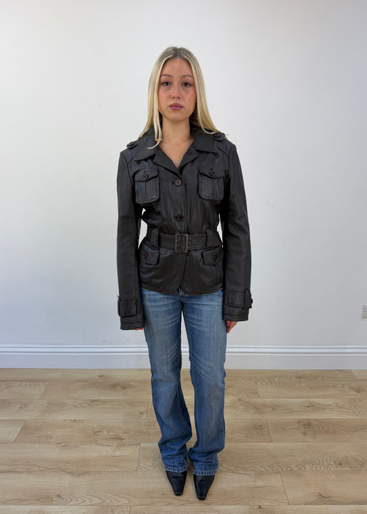 medium brown leather safari jacket front