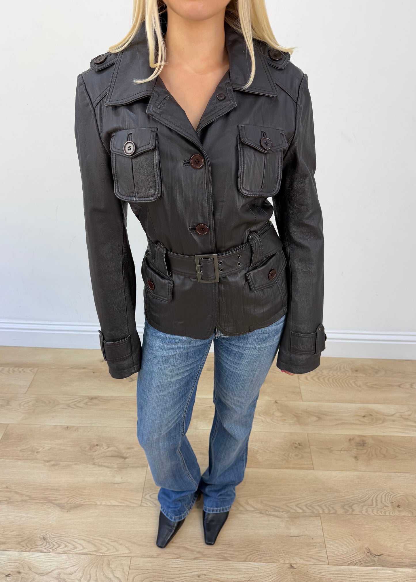 medium brown leather safari jacket view 3