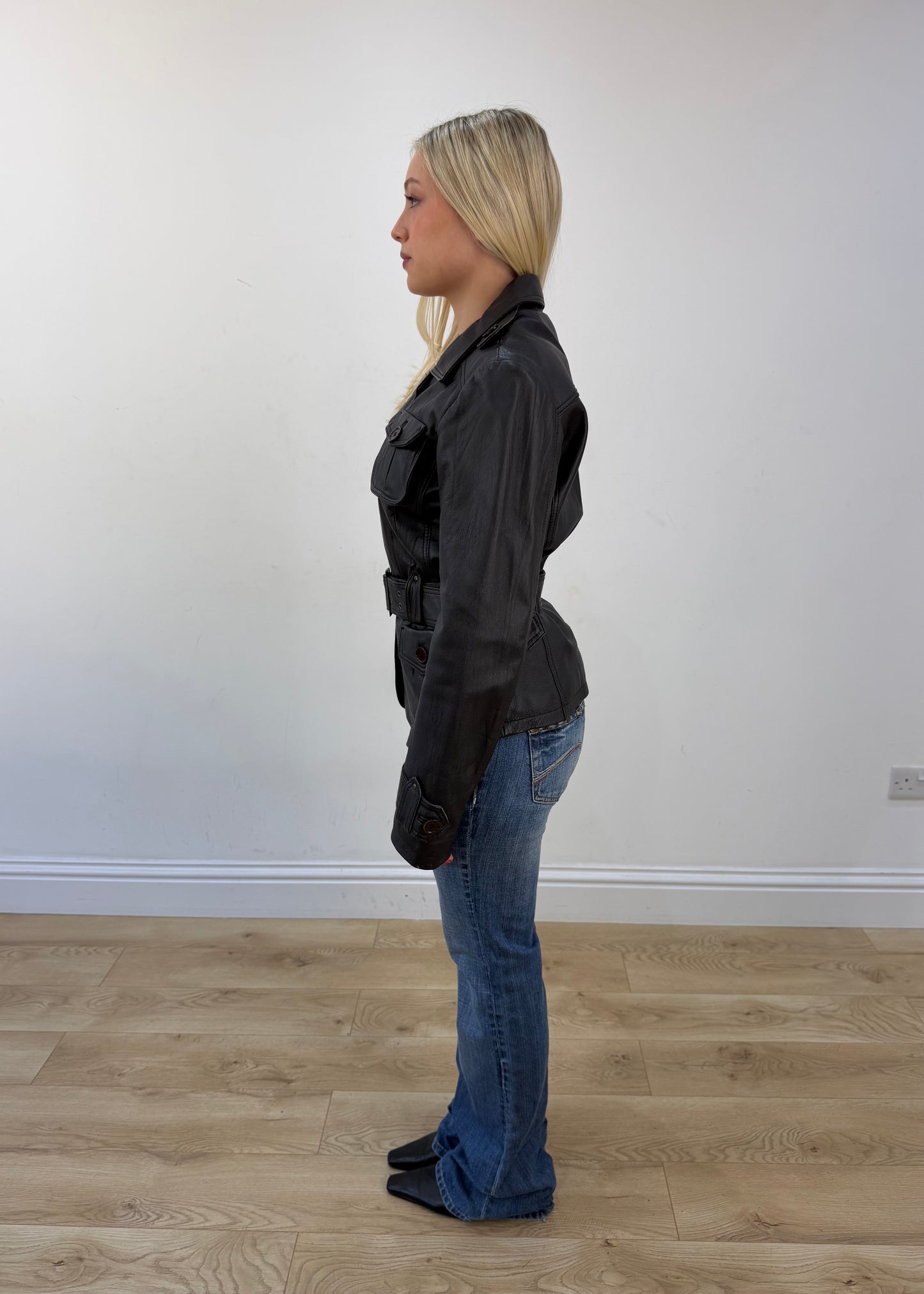 medium brown leather safari jacket view 4