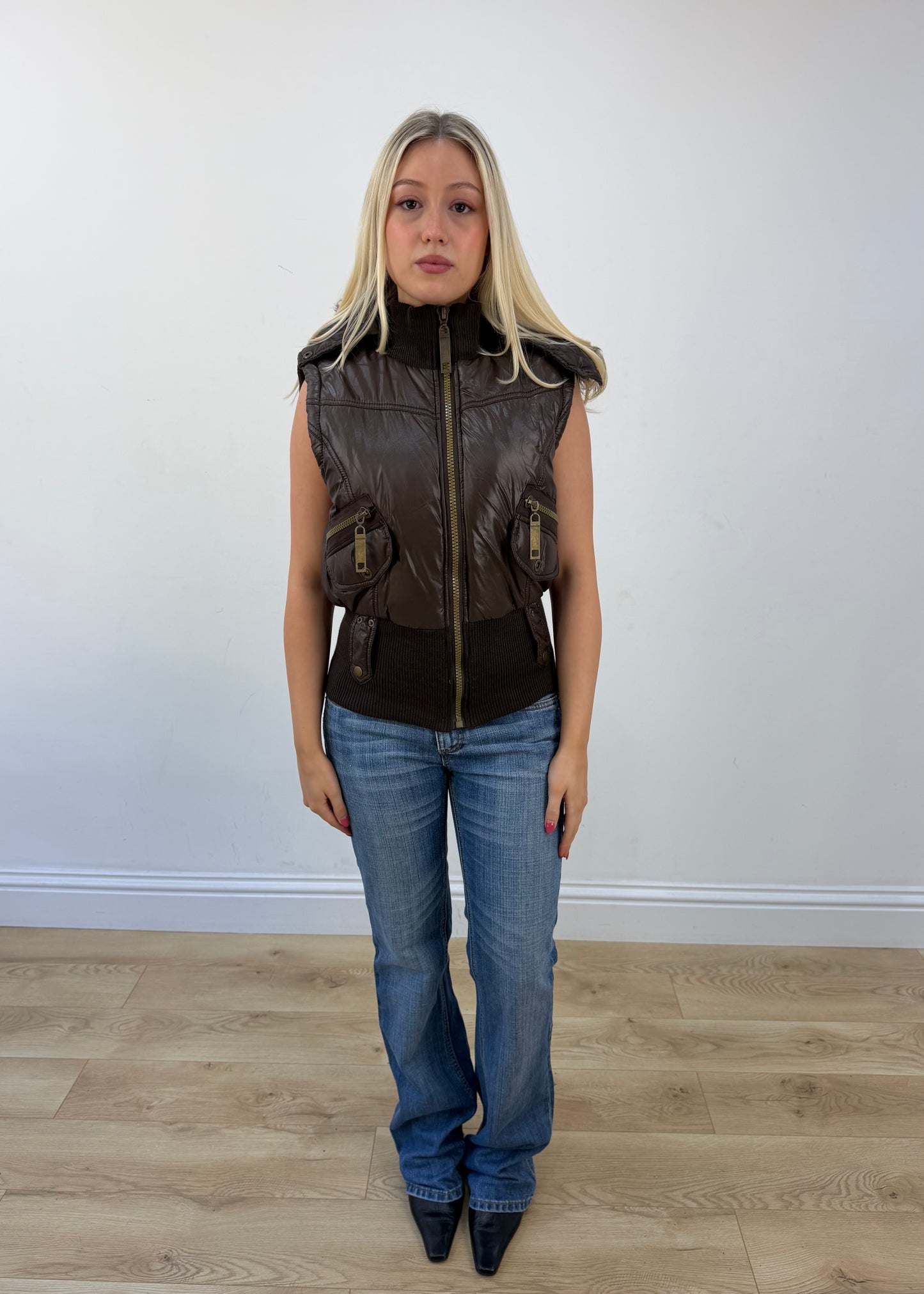 extra large brown puffer gilet front