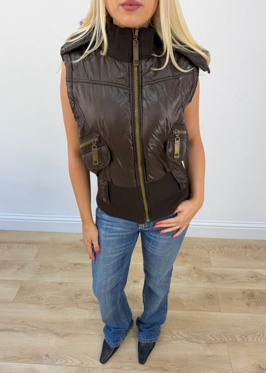 extra large brown puffer gilet view 2