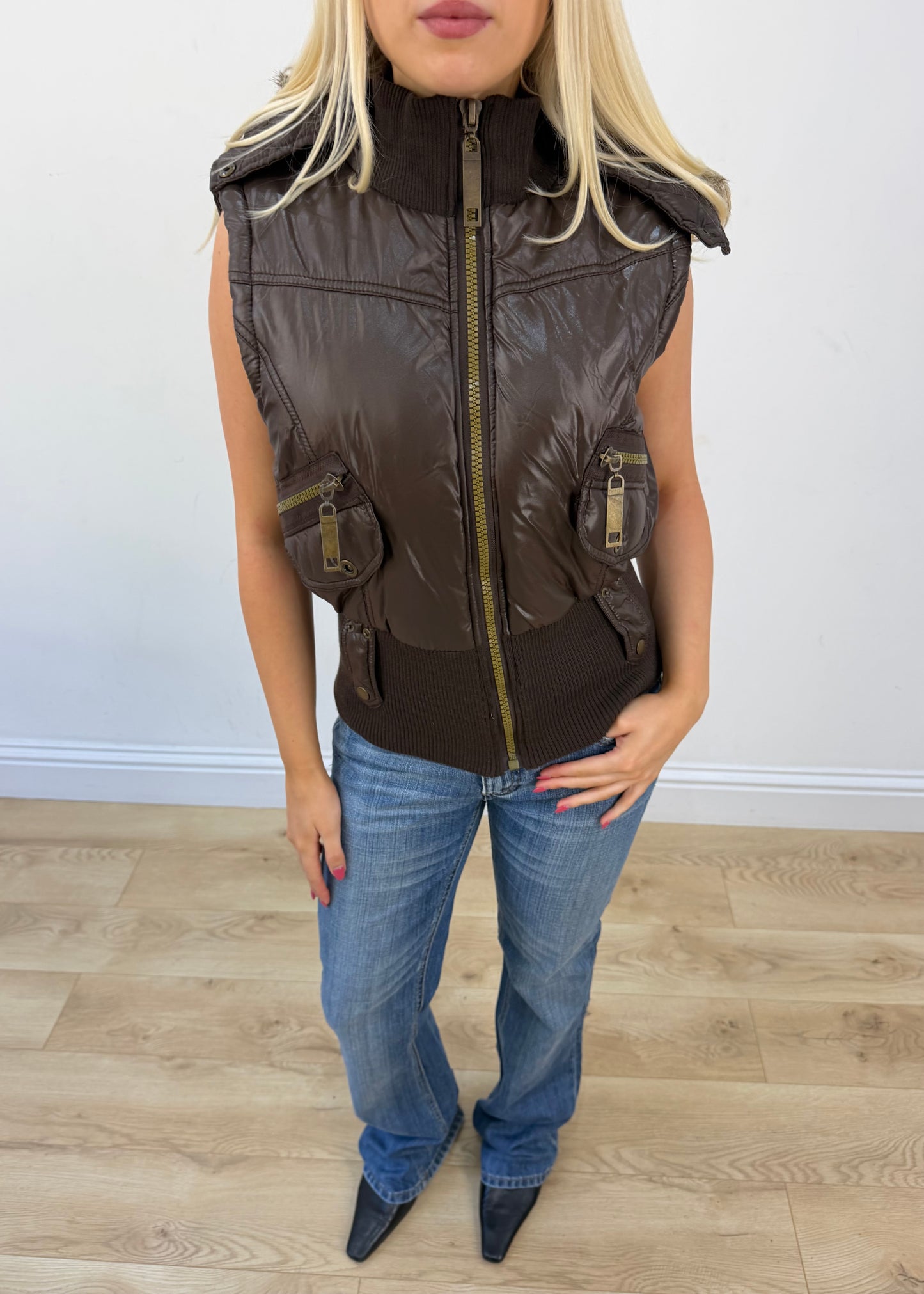 extra large brown puffer gilet view 2