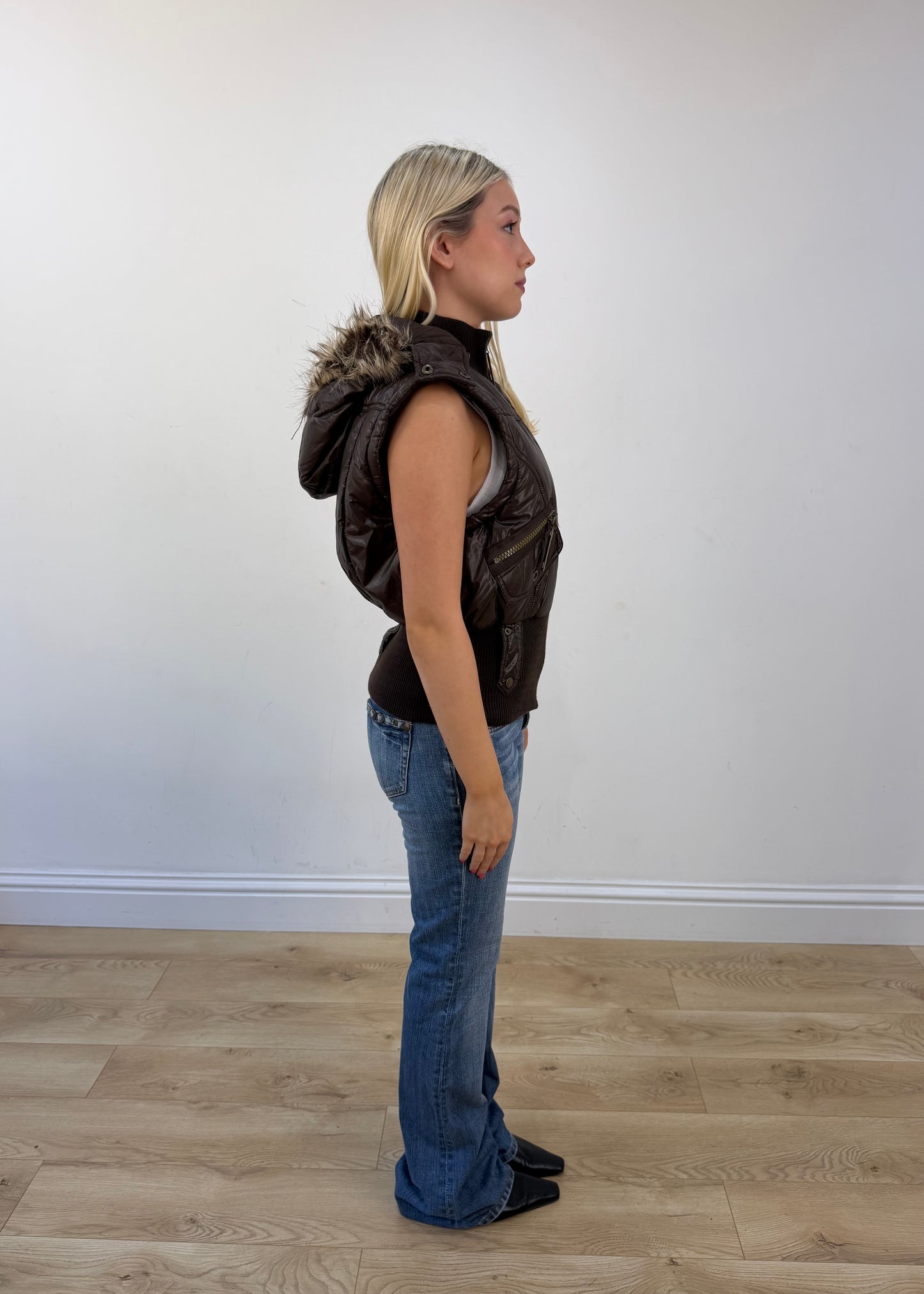 extra large brown puffer gilet view 6