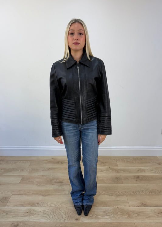 large black leather fitted jacket front