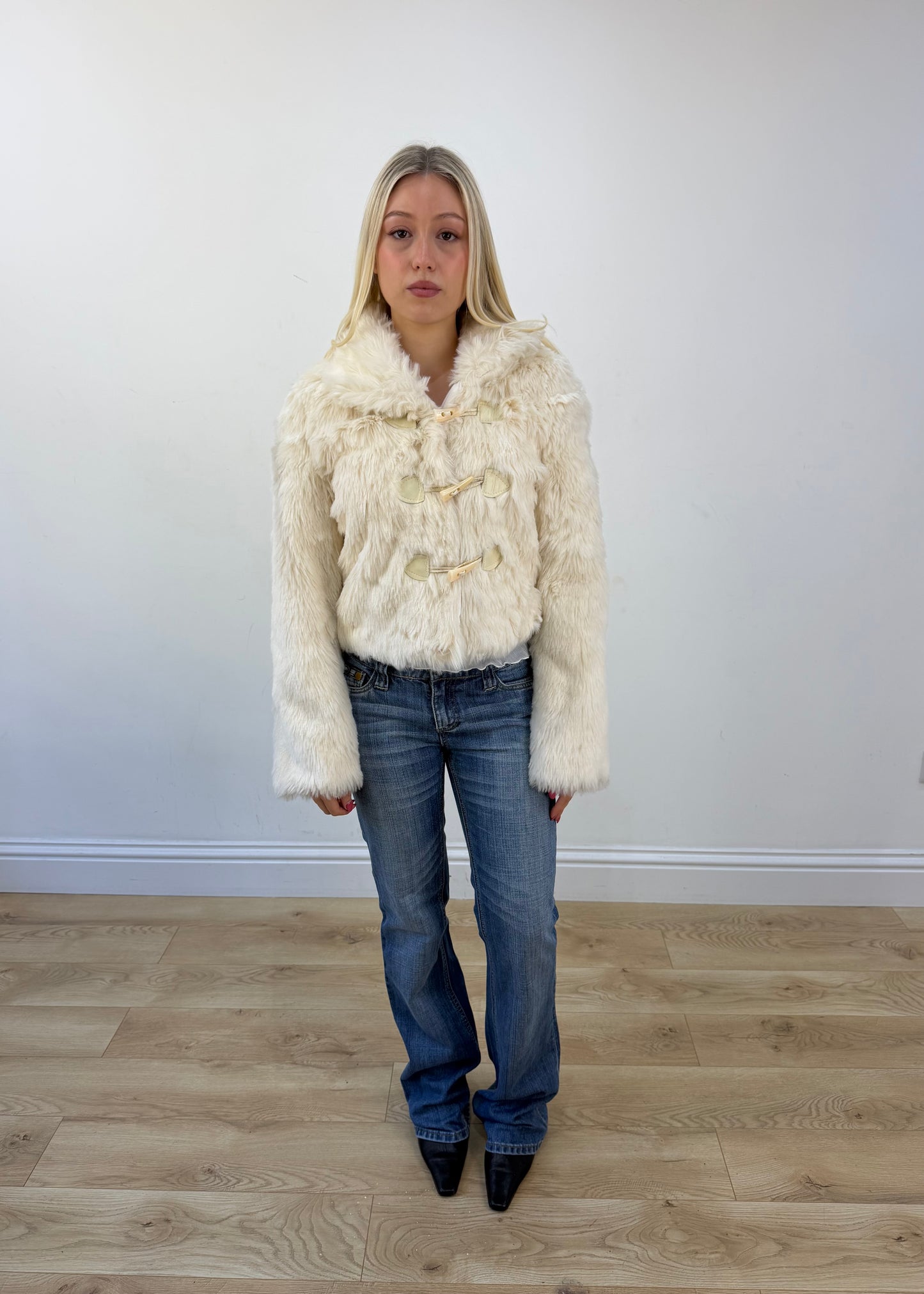 small cream faux fur jacket front