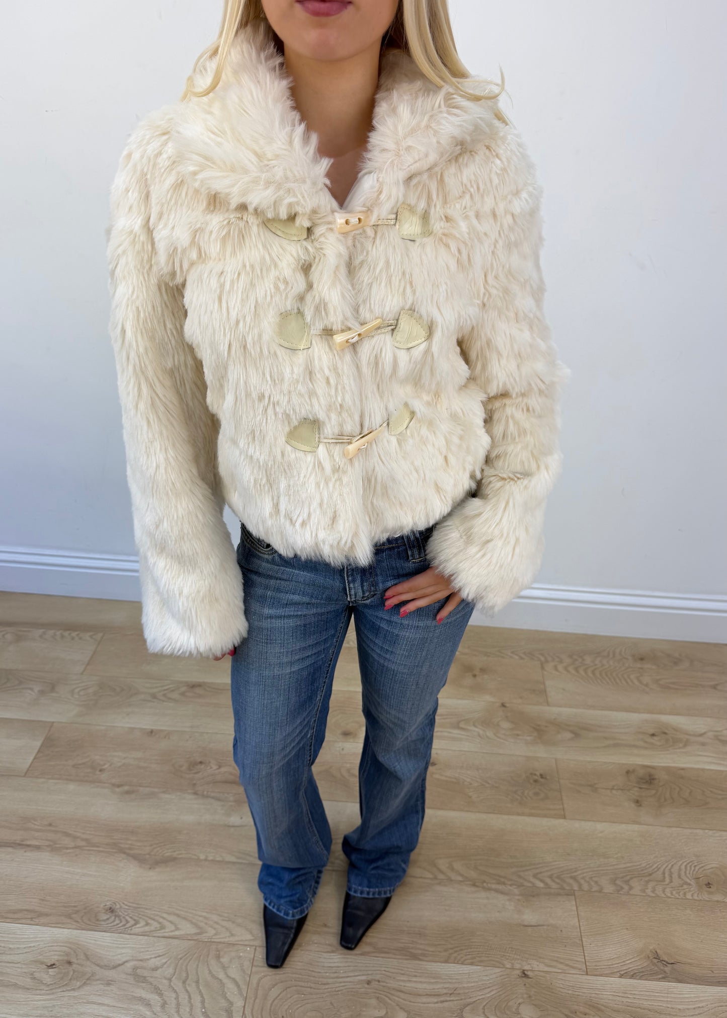 small cream faux fur jacket view 3