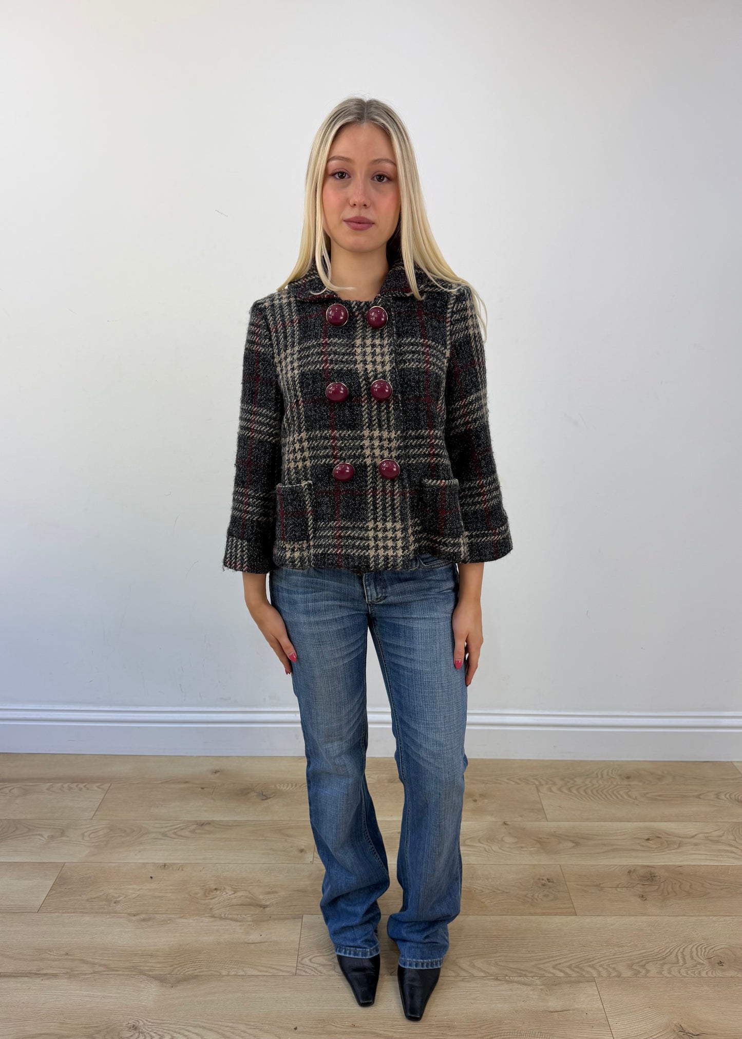 small grey checked peacoat front