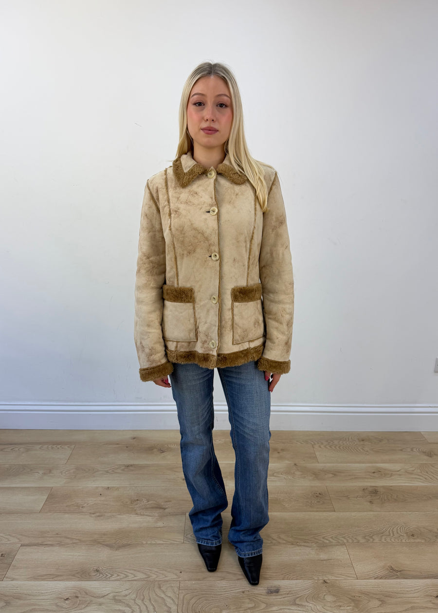 medium beige suede shearling jacket front
