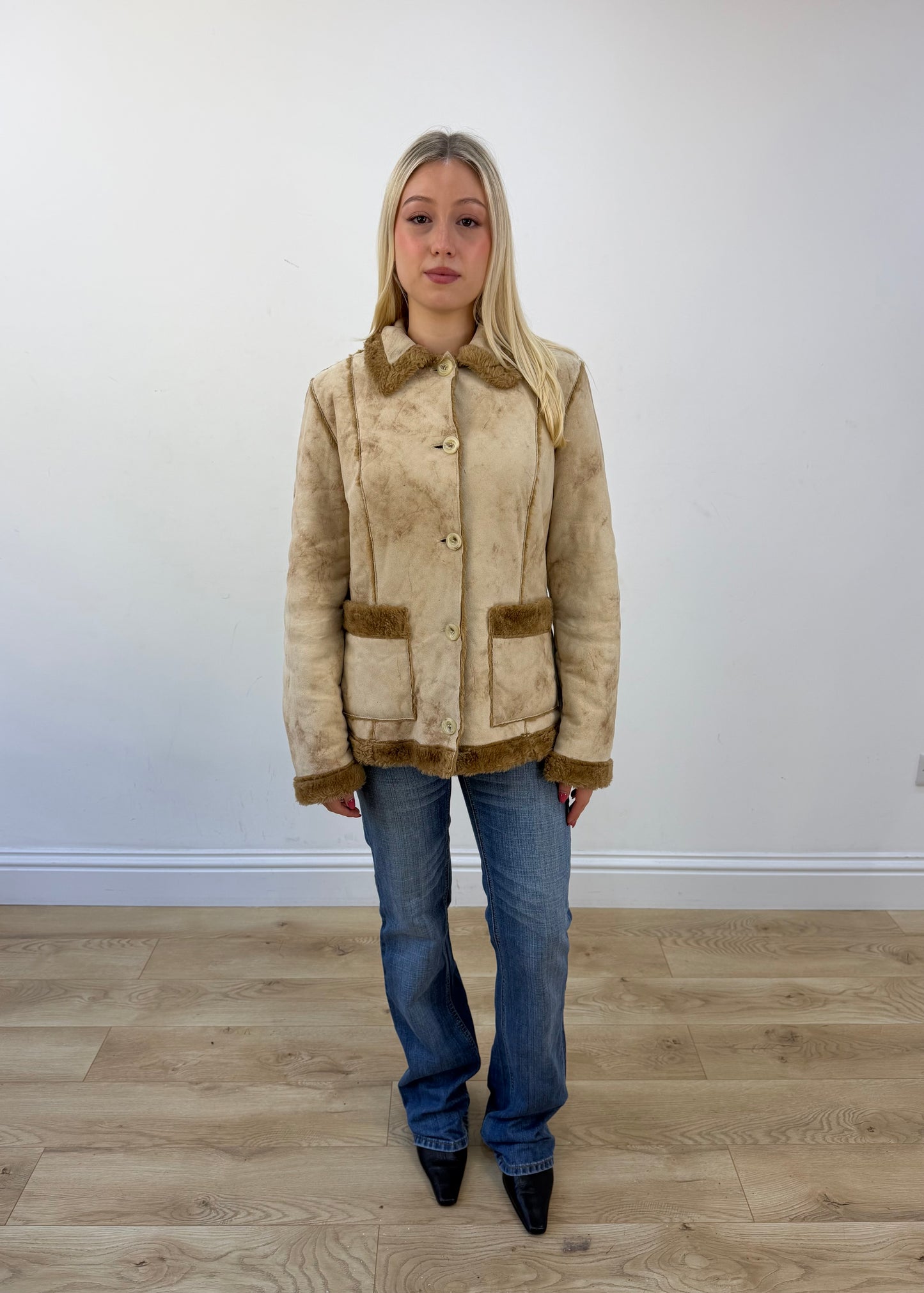 medium beige suede shearling jacket front