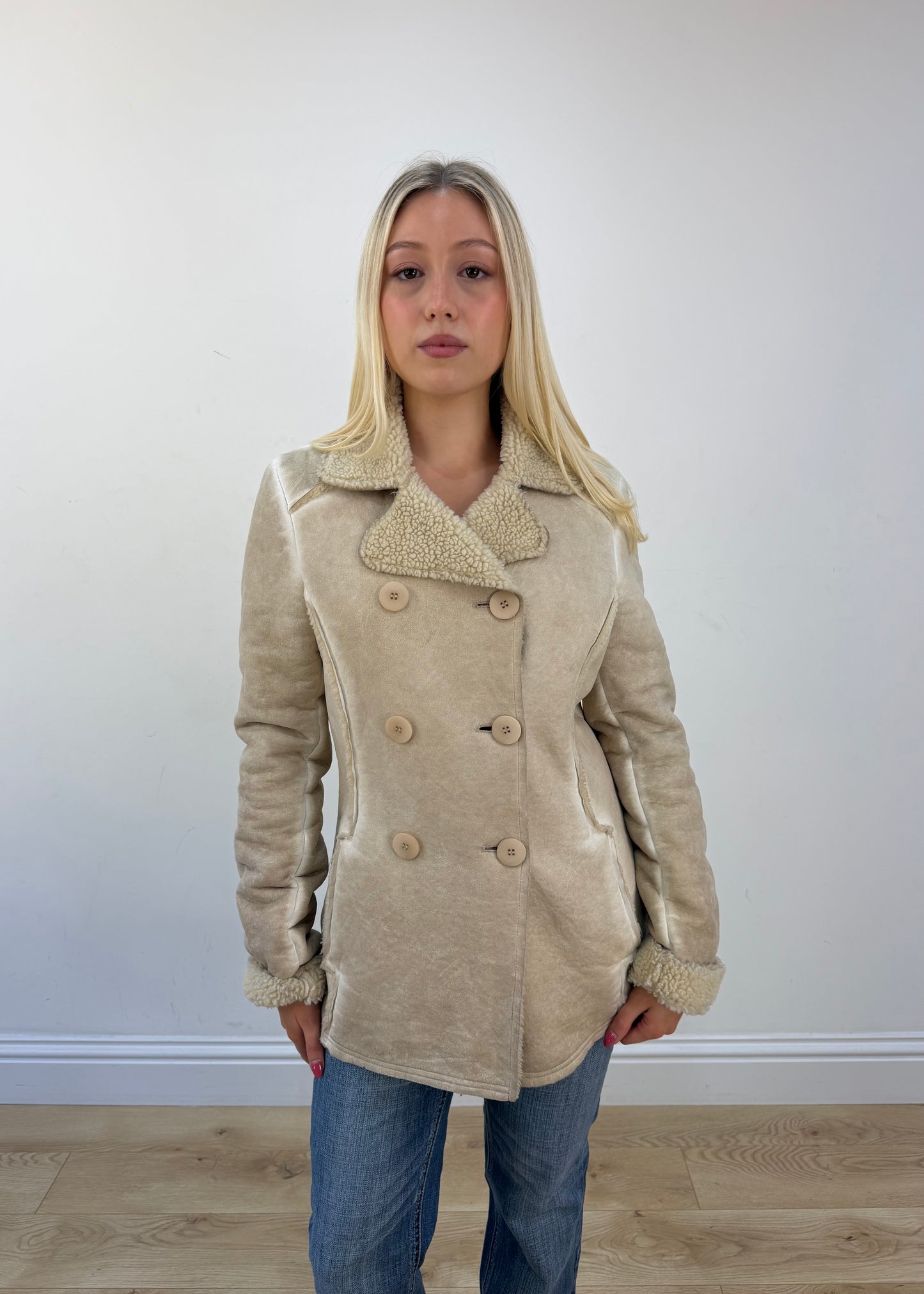 small cream suede shearling coat view 2