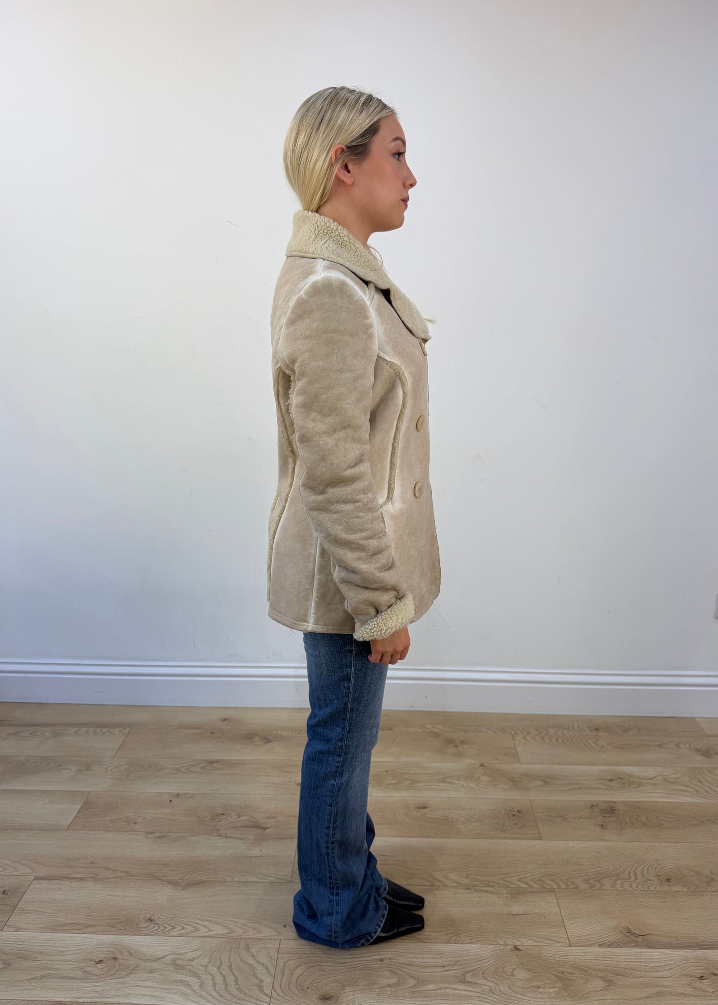 small cream suede shearling coat view 6