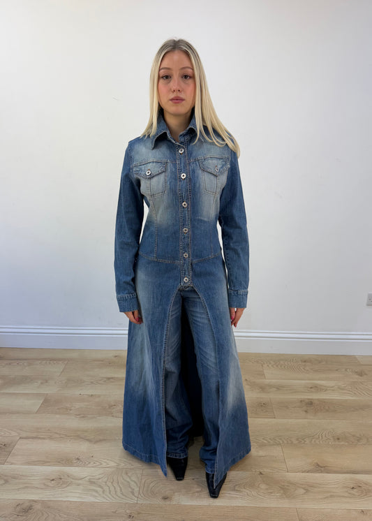 small blue denim longline coat front