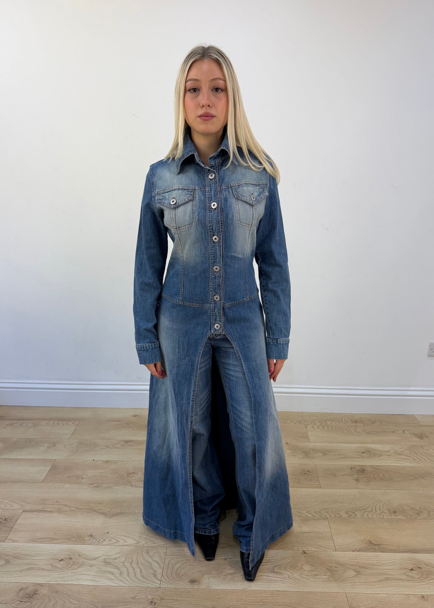 small blue denim longline coat front