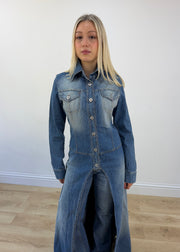 small blue denim longline coat view 2