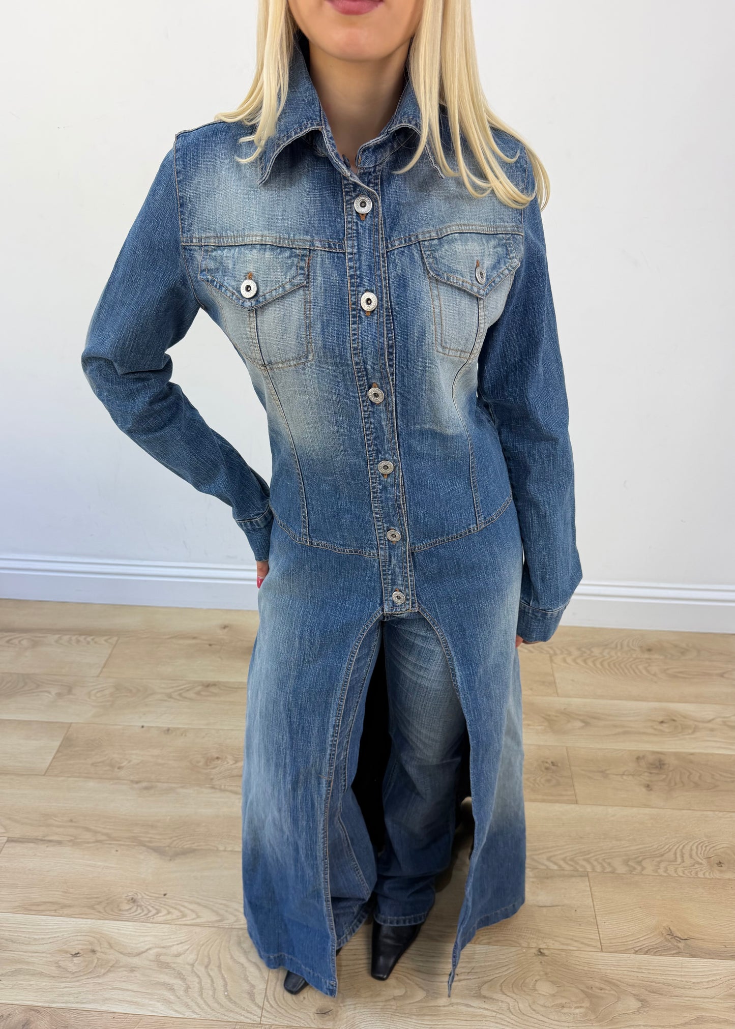 small blue denim longline coat view 3