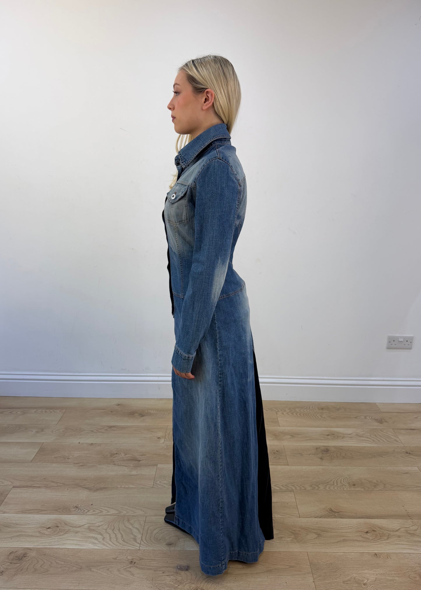 small blue denim longline coat view 4
