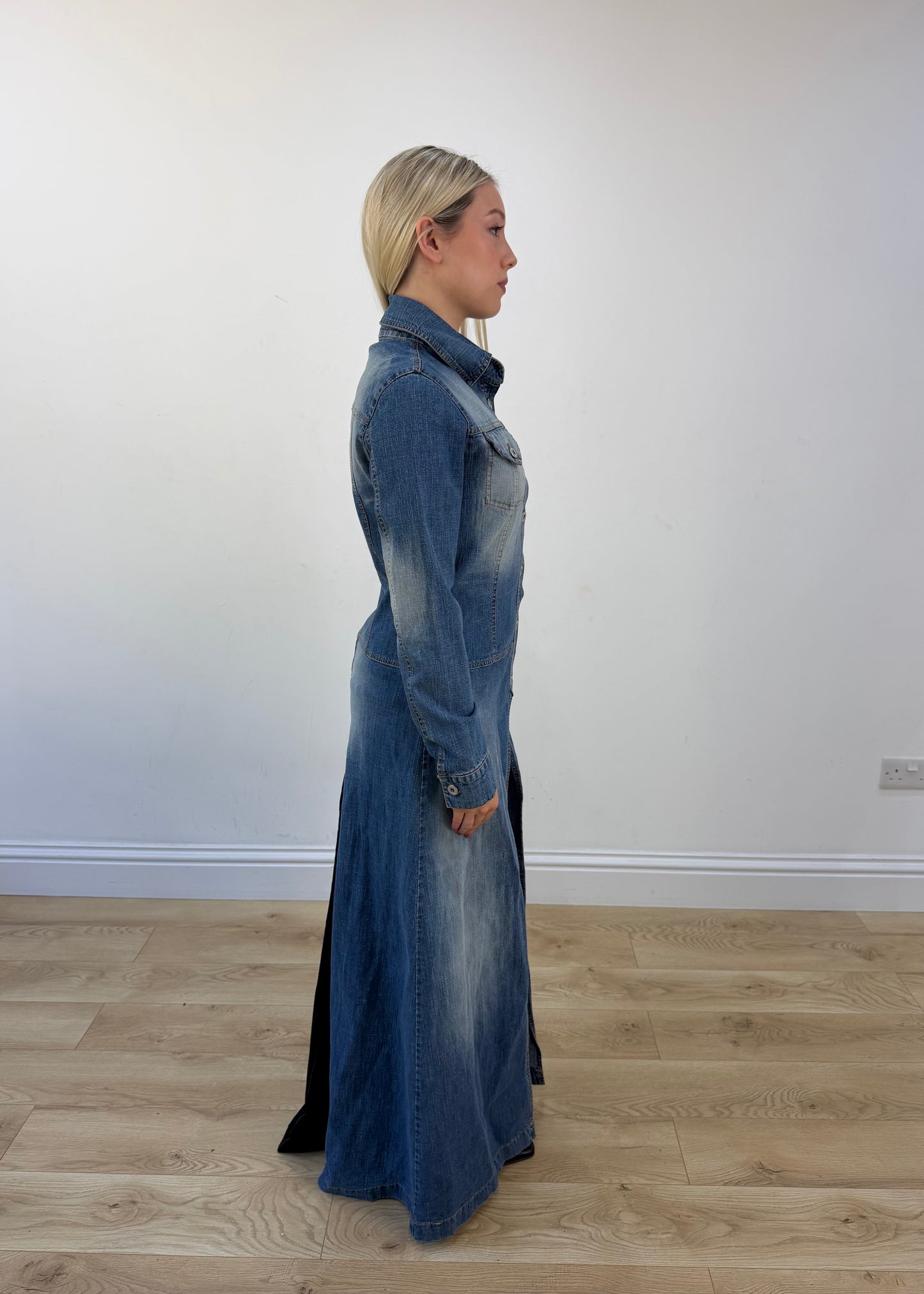 small blue denim longline coat view 6