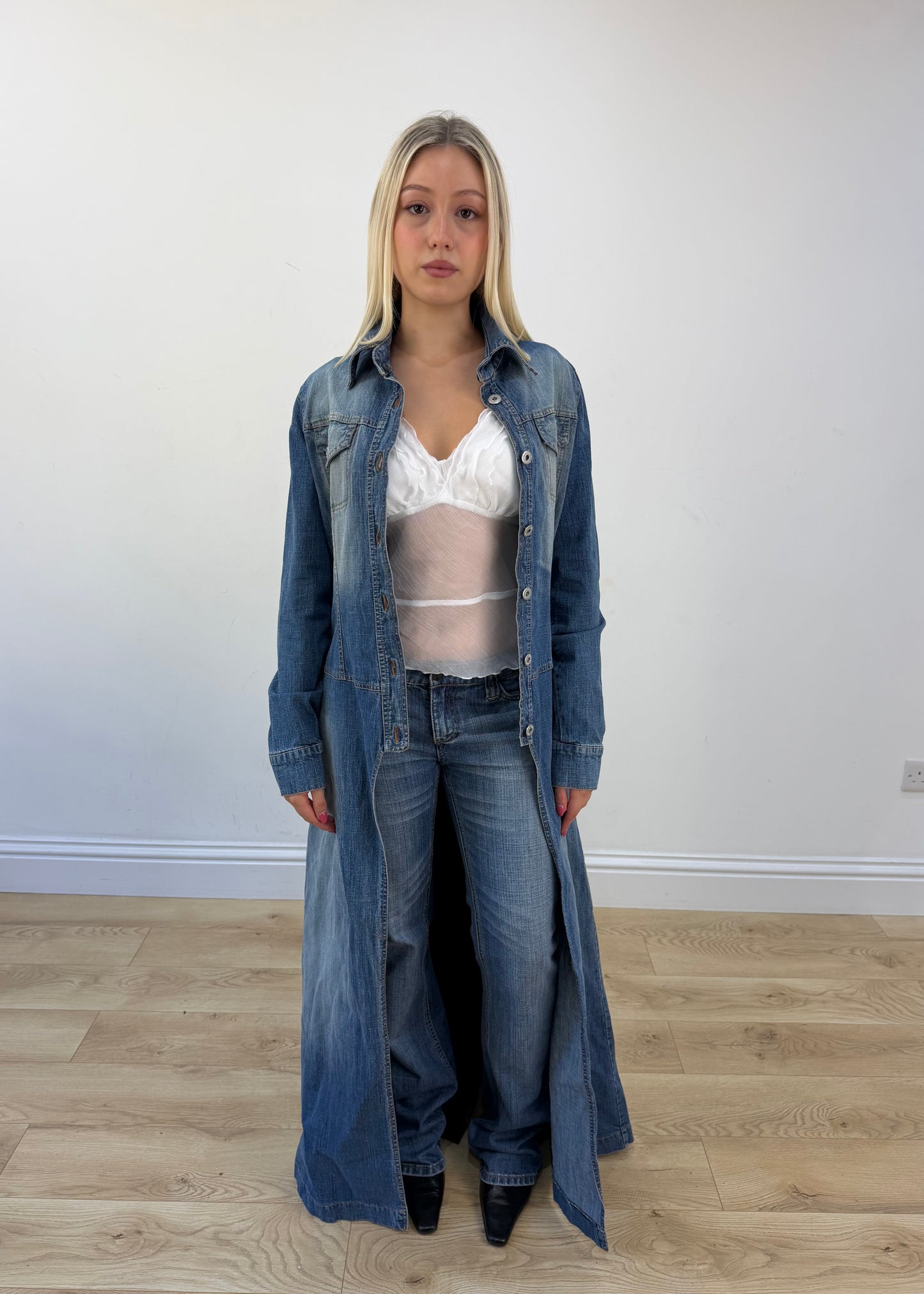 small blue denim longline coat view 7