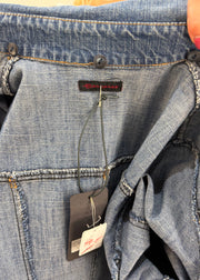 small blue denim longline coat label