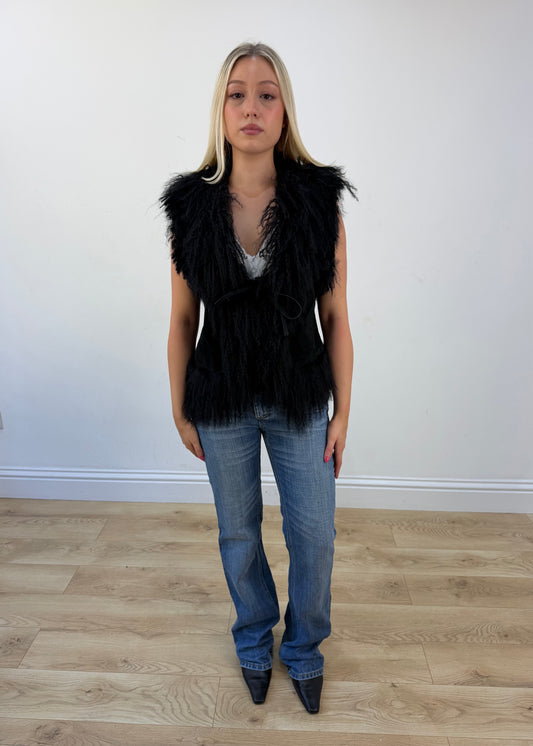 small black faux fur gilet front