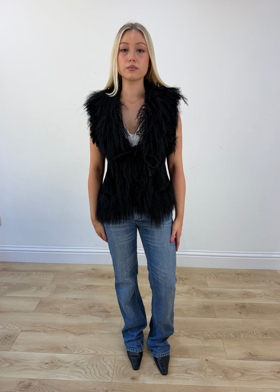 small black faux fur gilet front