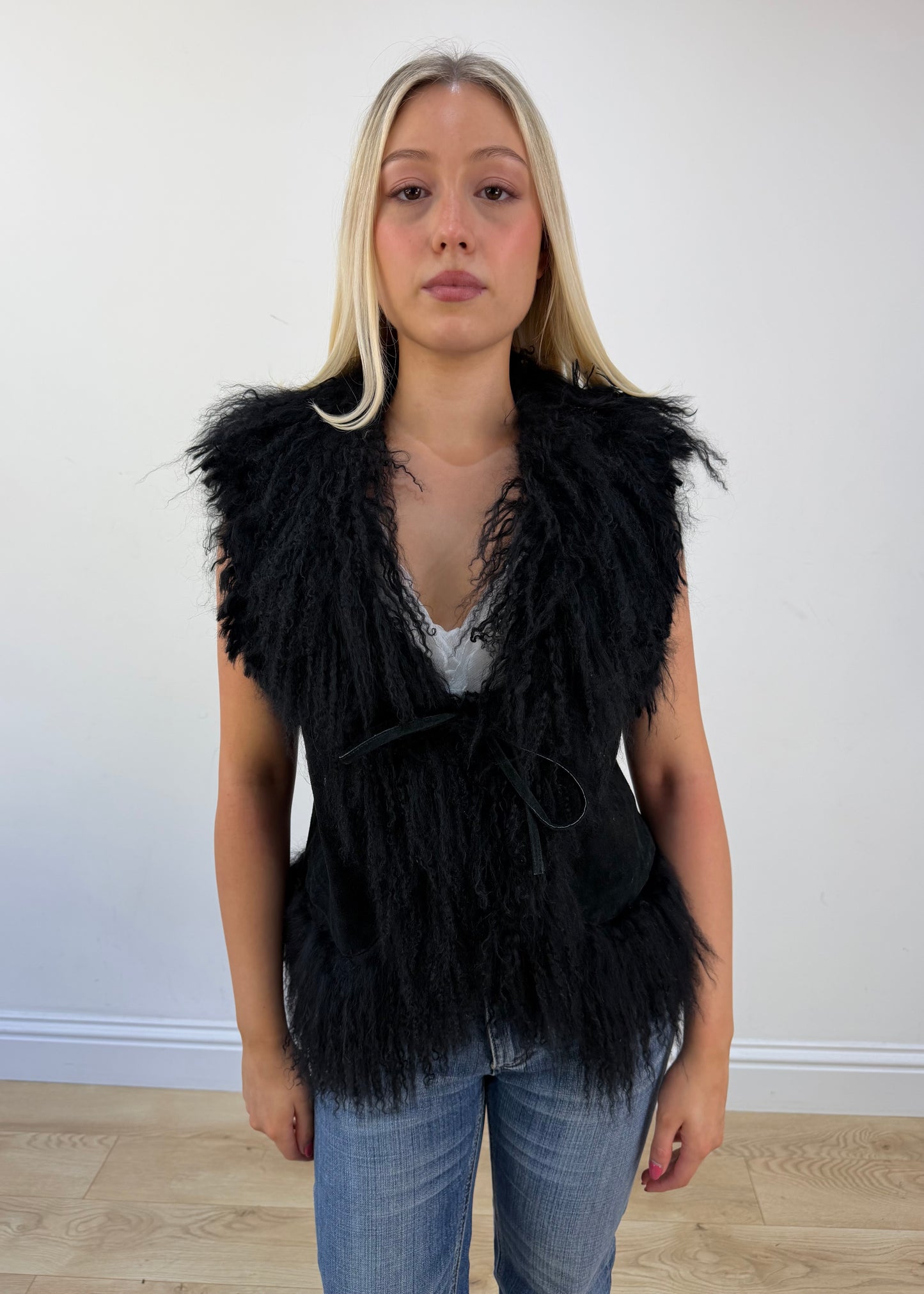 small black faux fur gilet view 2