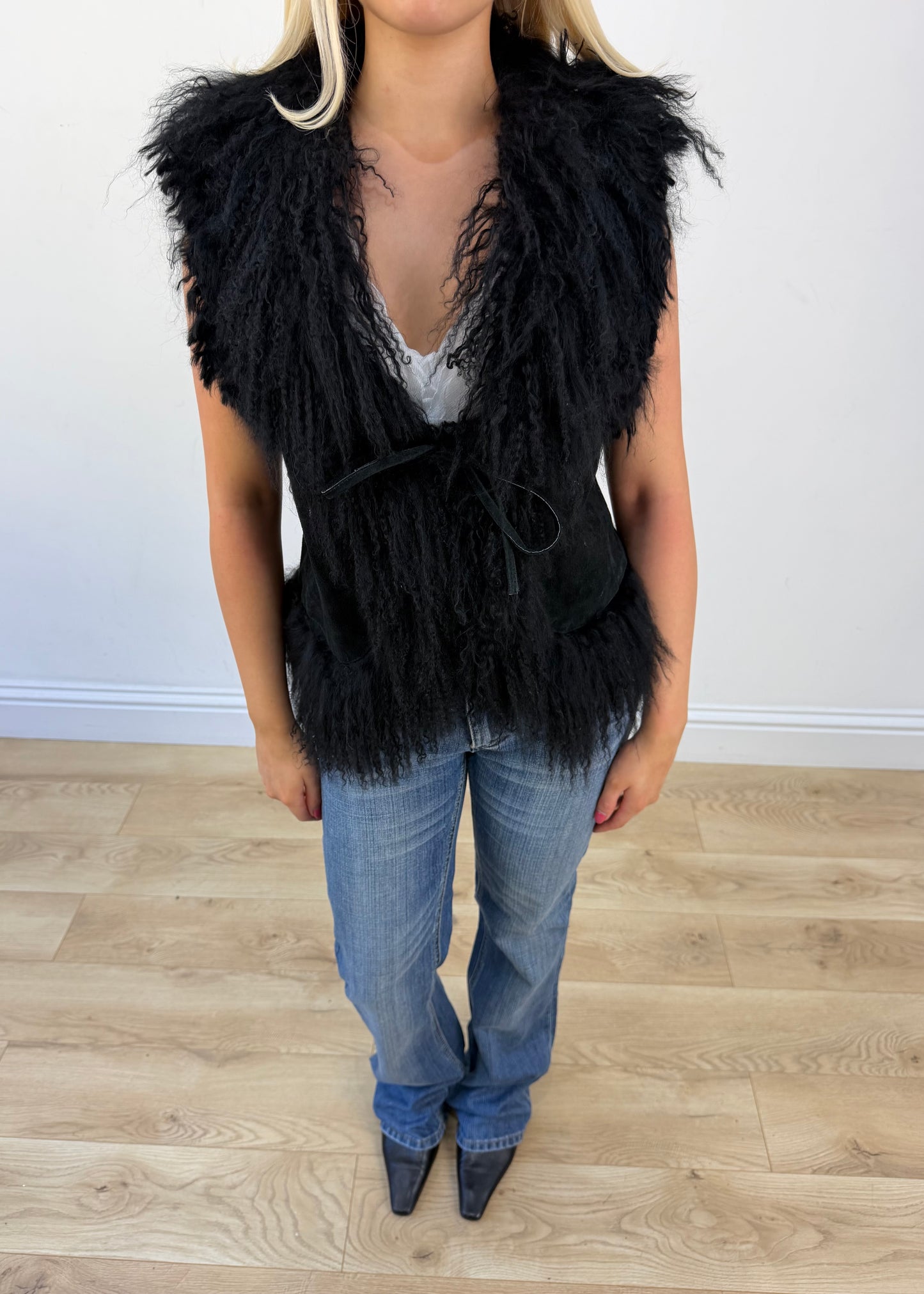 small black faux fur gilet view 3