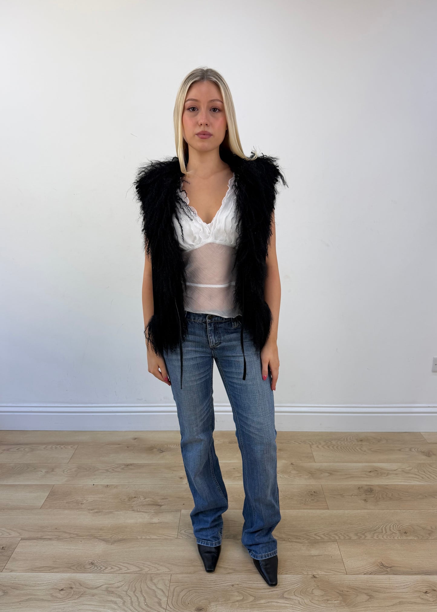 small black faux fur gilet view 7