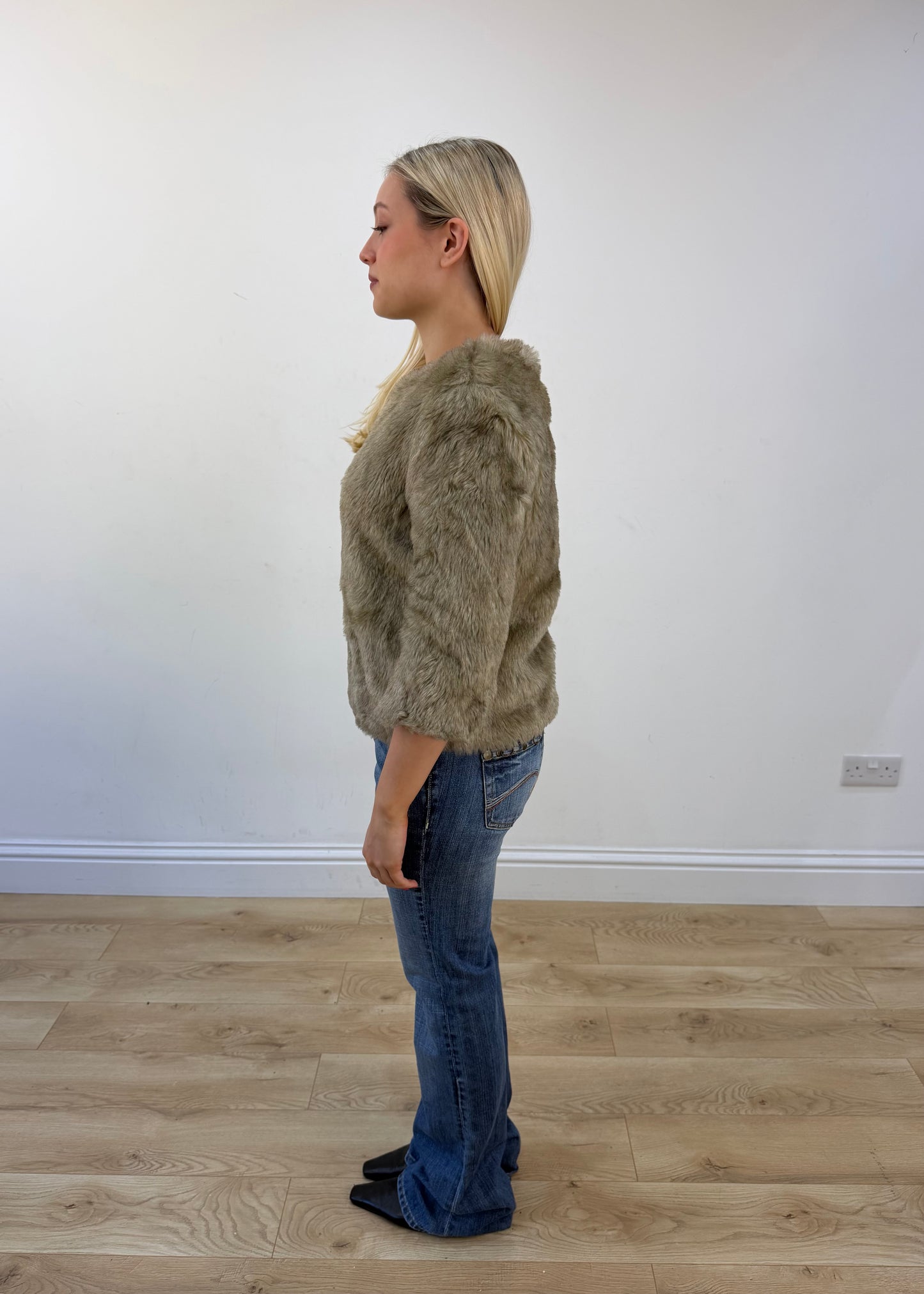medium beige faux fur jacket view 3
