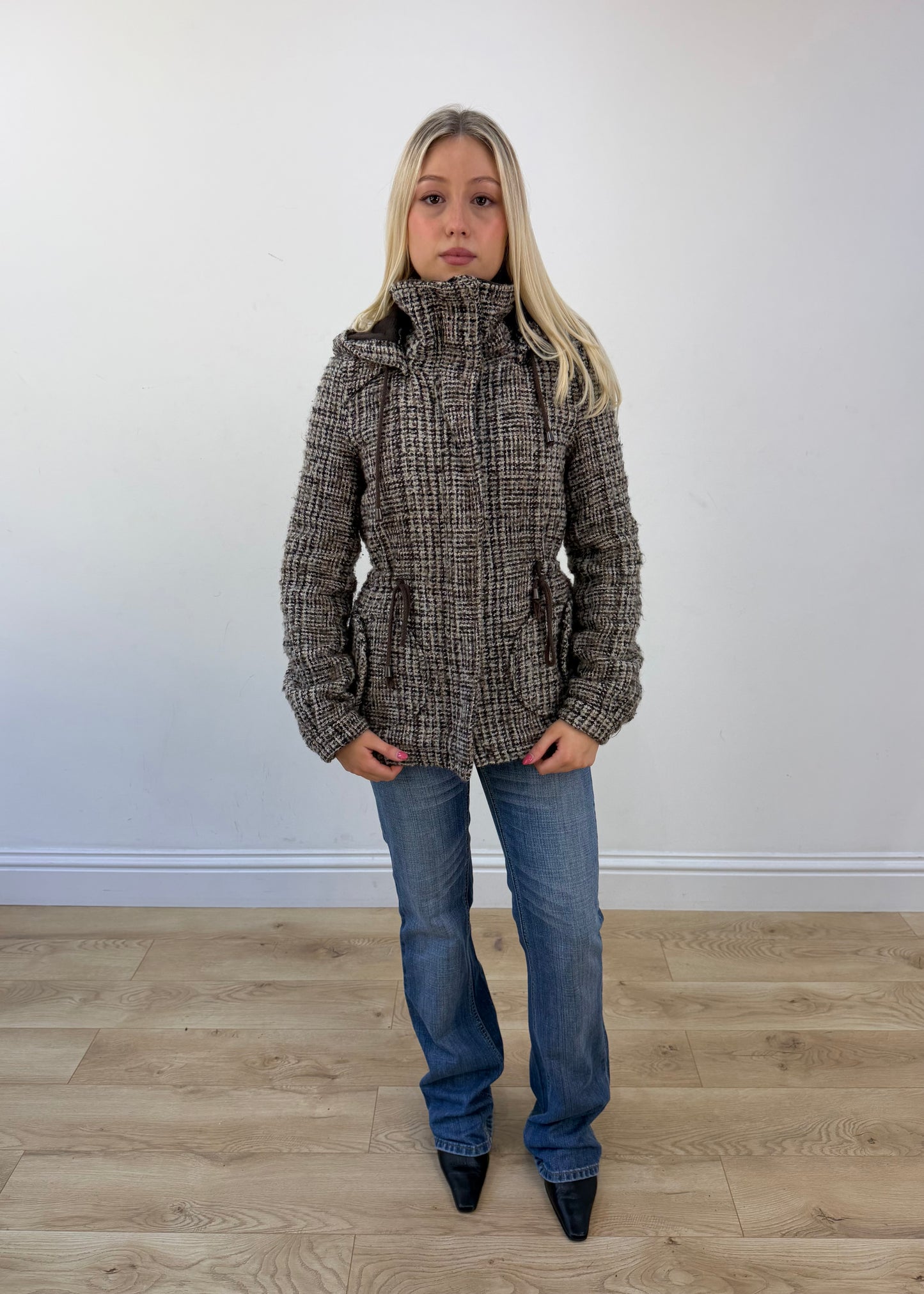 extra small brown checked hooded jacket front