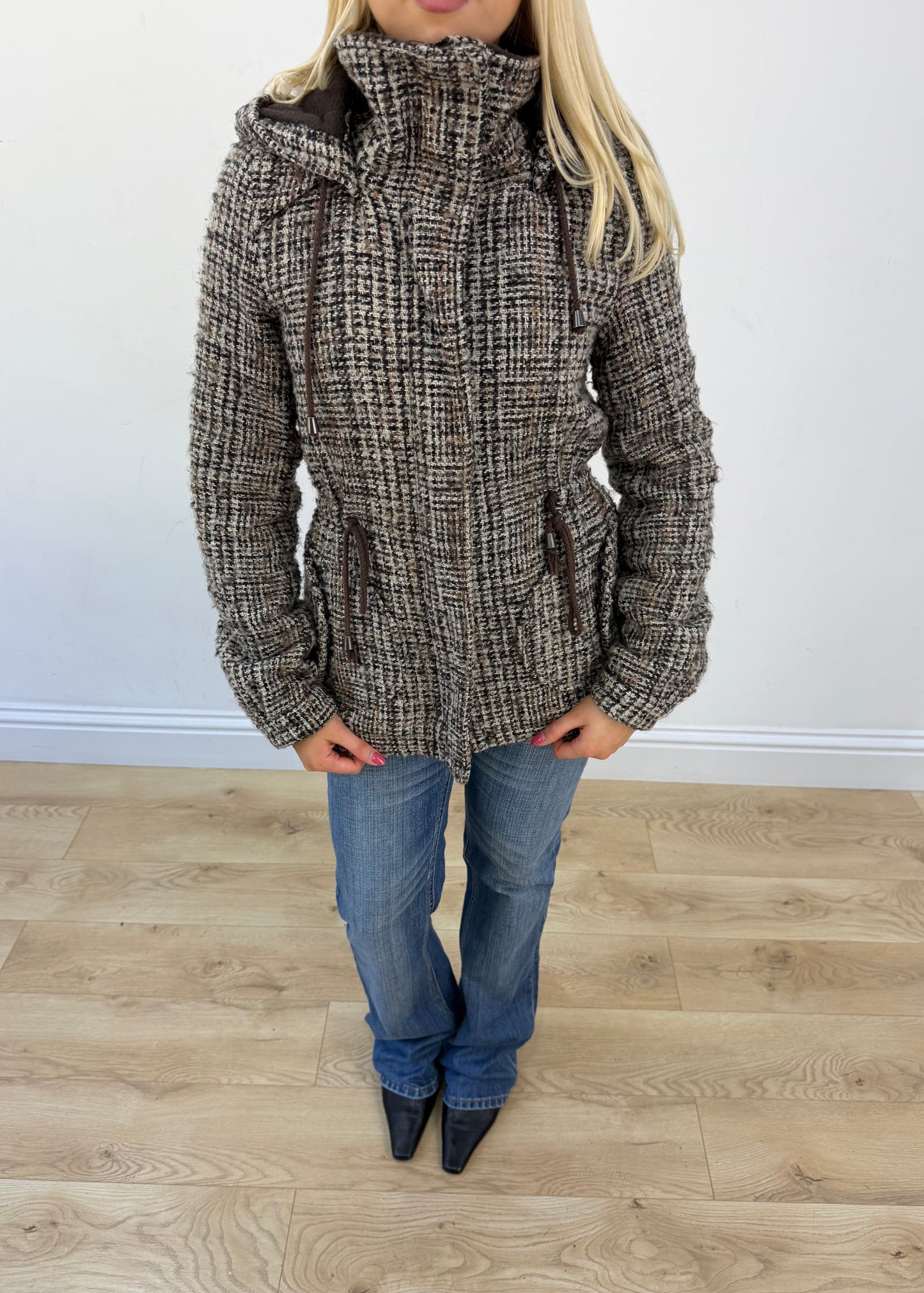 extra small brown checked hooded jacket view 3