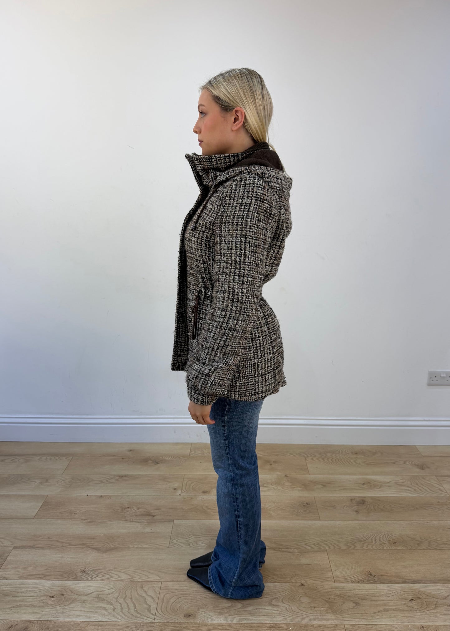 extra small brown checked hooded jacket view 4