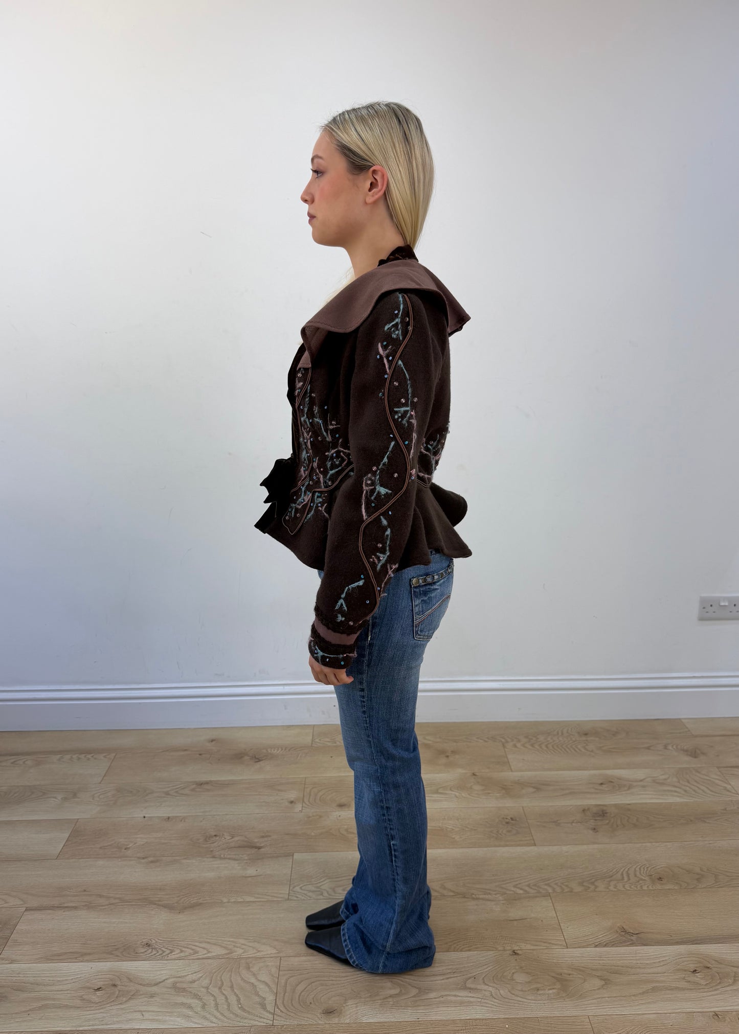 small brown embroidered wrap jacket view 3