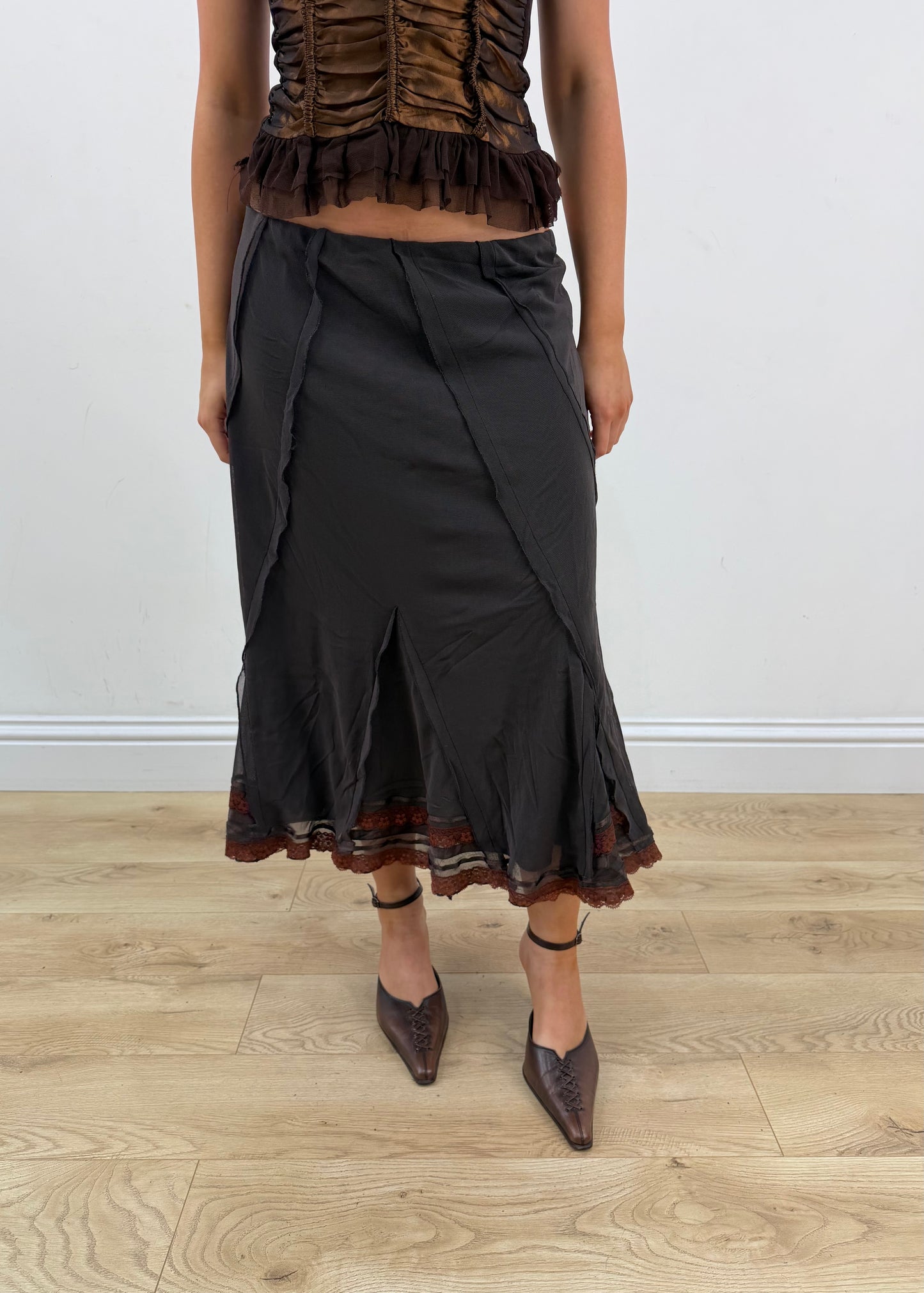 medium ky key brown lace trim midi skirt 1