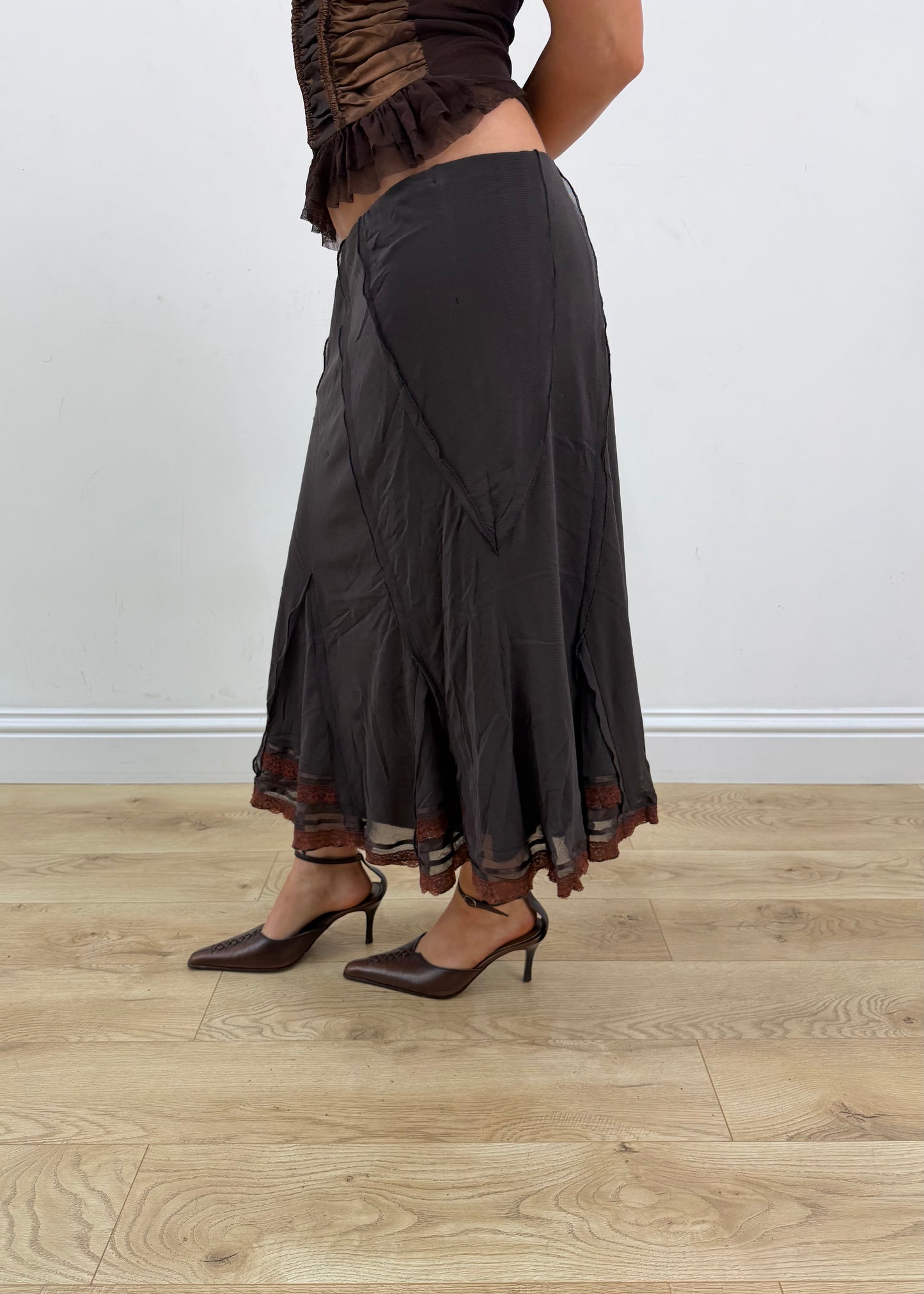 medium ky key brown lace trim midi skirt 2