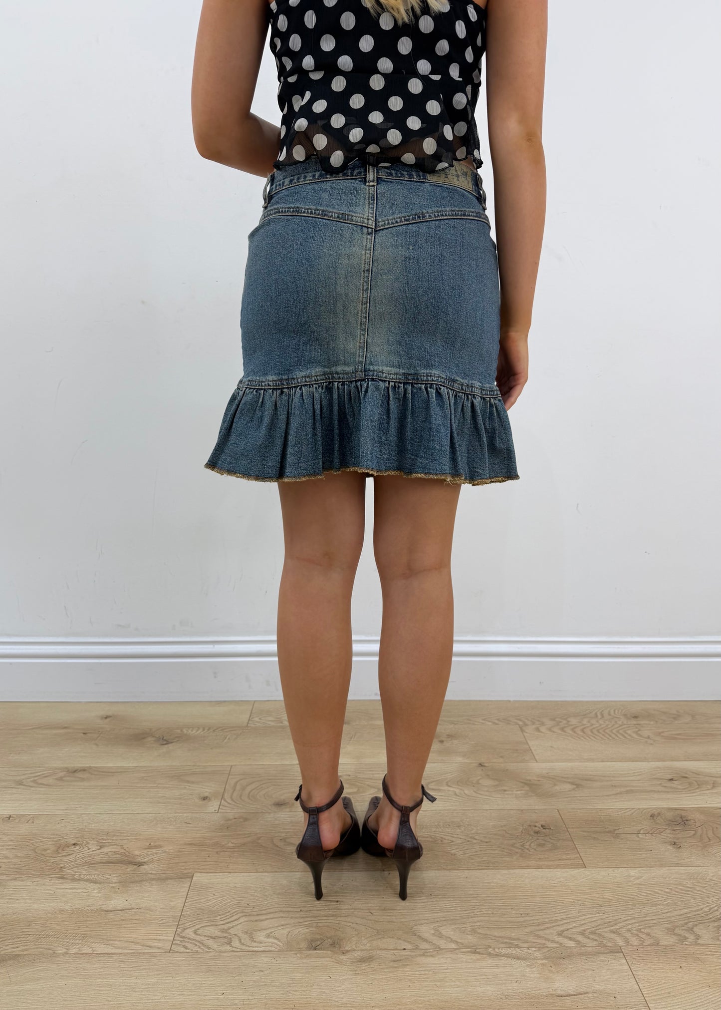 small blue denim patchwork ruffle mini skirt 3