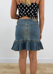 small blue denim patchwork ruffle mini skirt 4