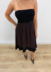 small burgundy and black bandeau midi dress 1