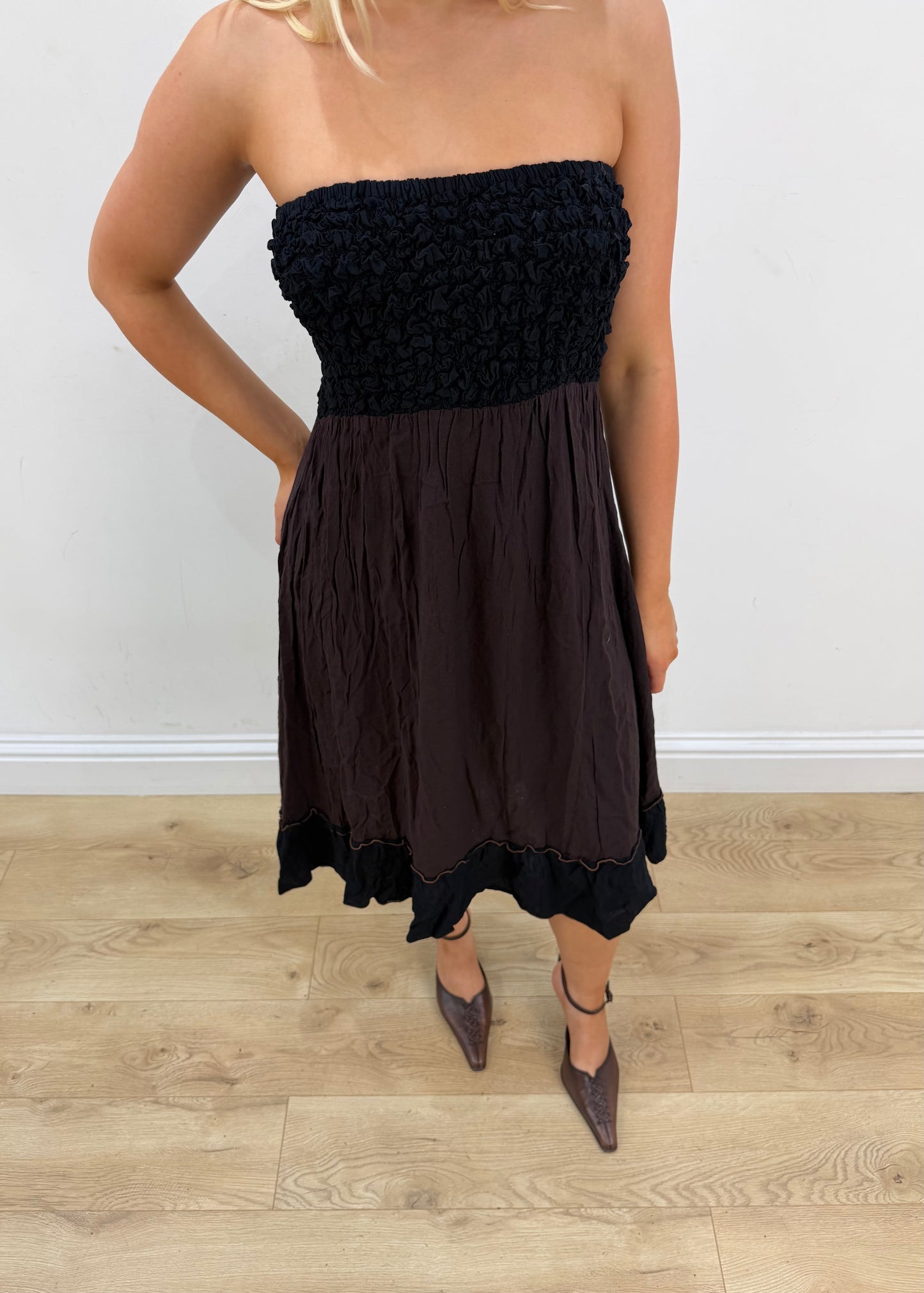 small burgundy and black bandeau midi dress 1