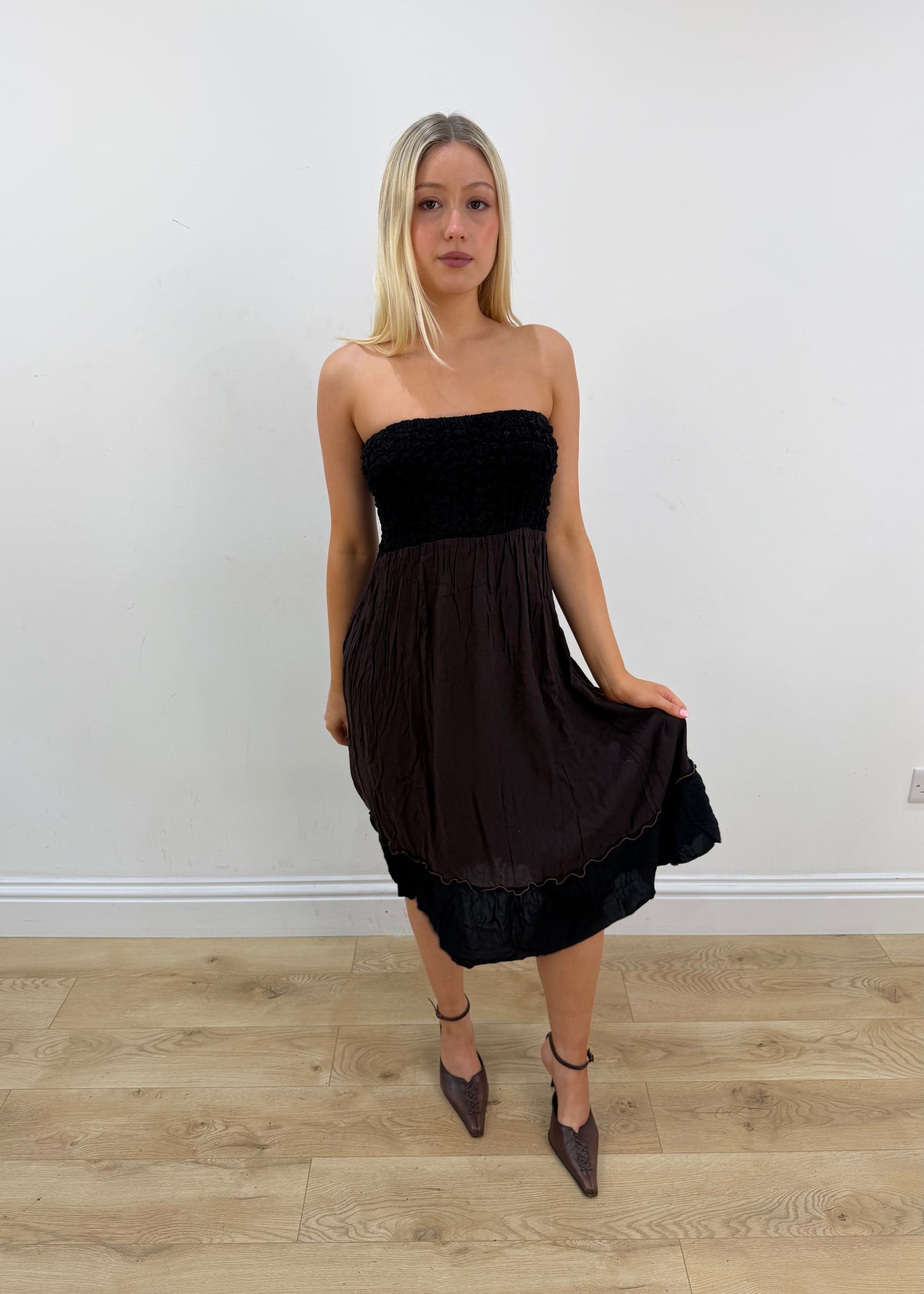 small burgundy and black bandeau midi dress 2