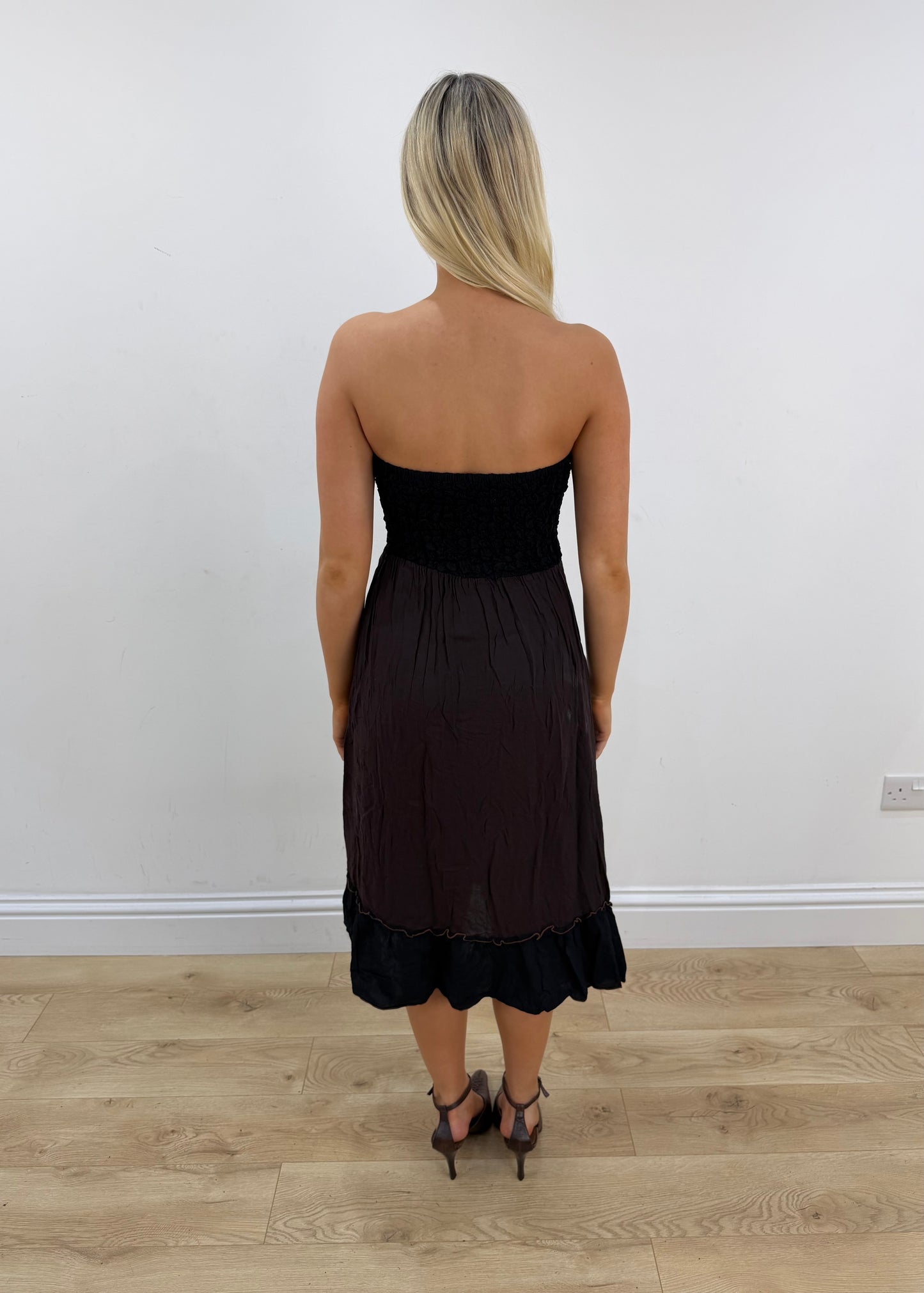 small burgundy and black bandeau midi dress 4