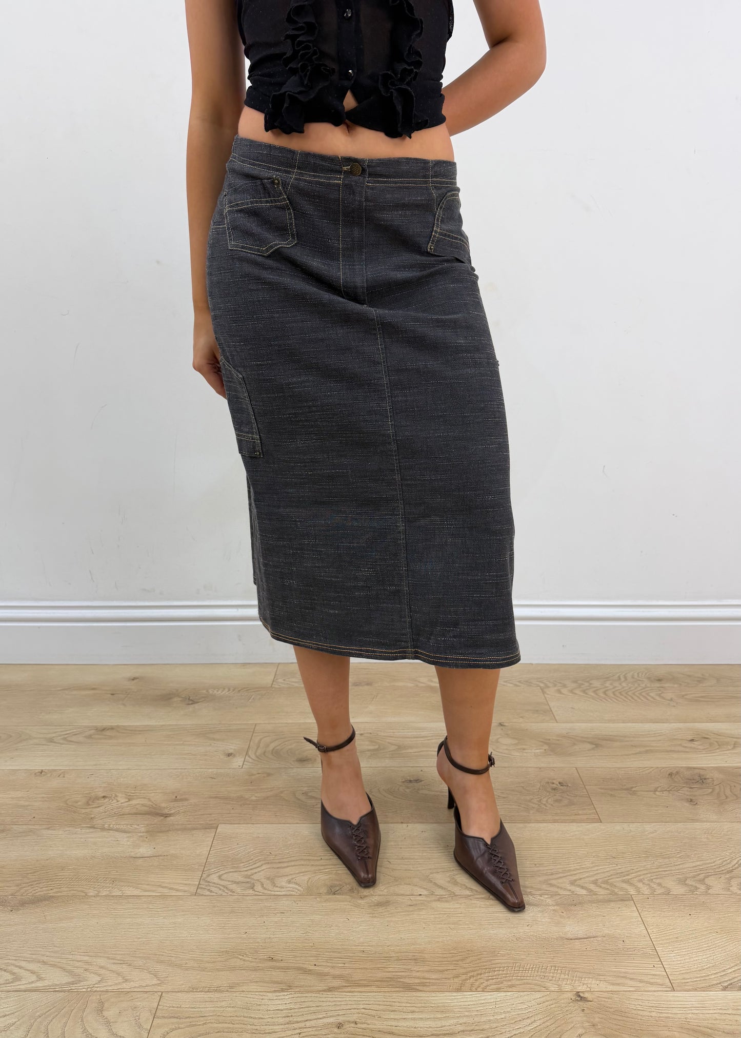 small black denim midi skirt 1