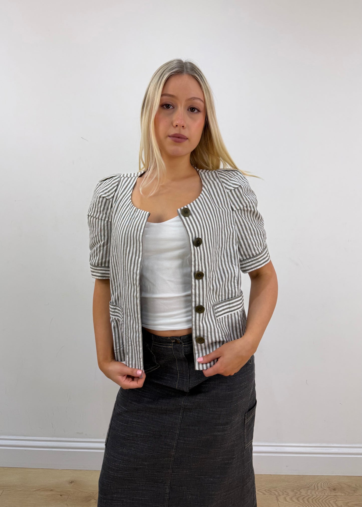 medium grey and white striped puff sleeve shirt 1