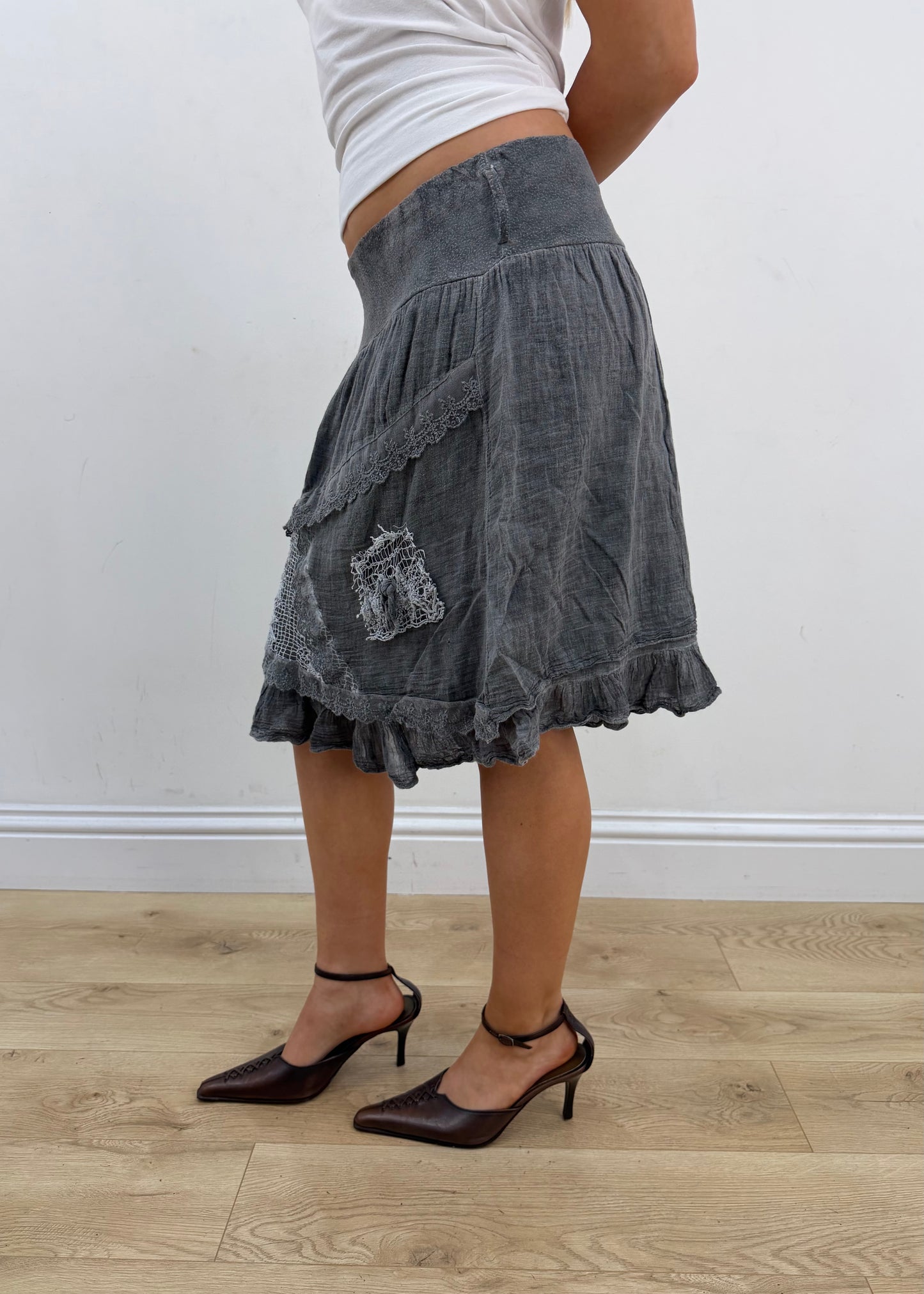 small grey lace detail midi skirt with bubble hem 3