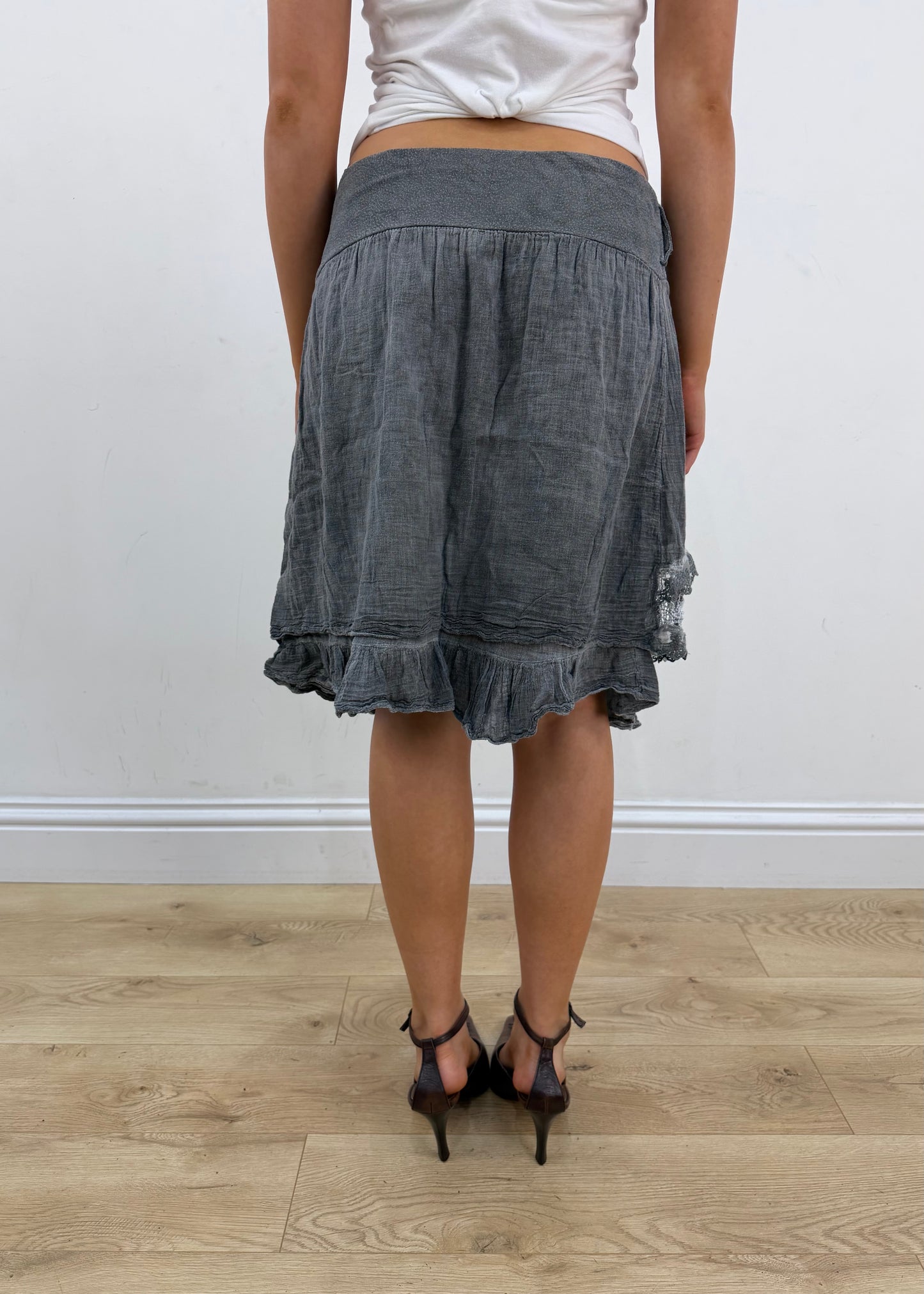 small grey lace detail midi skirt with bubble hem 4