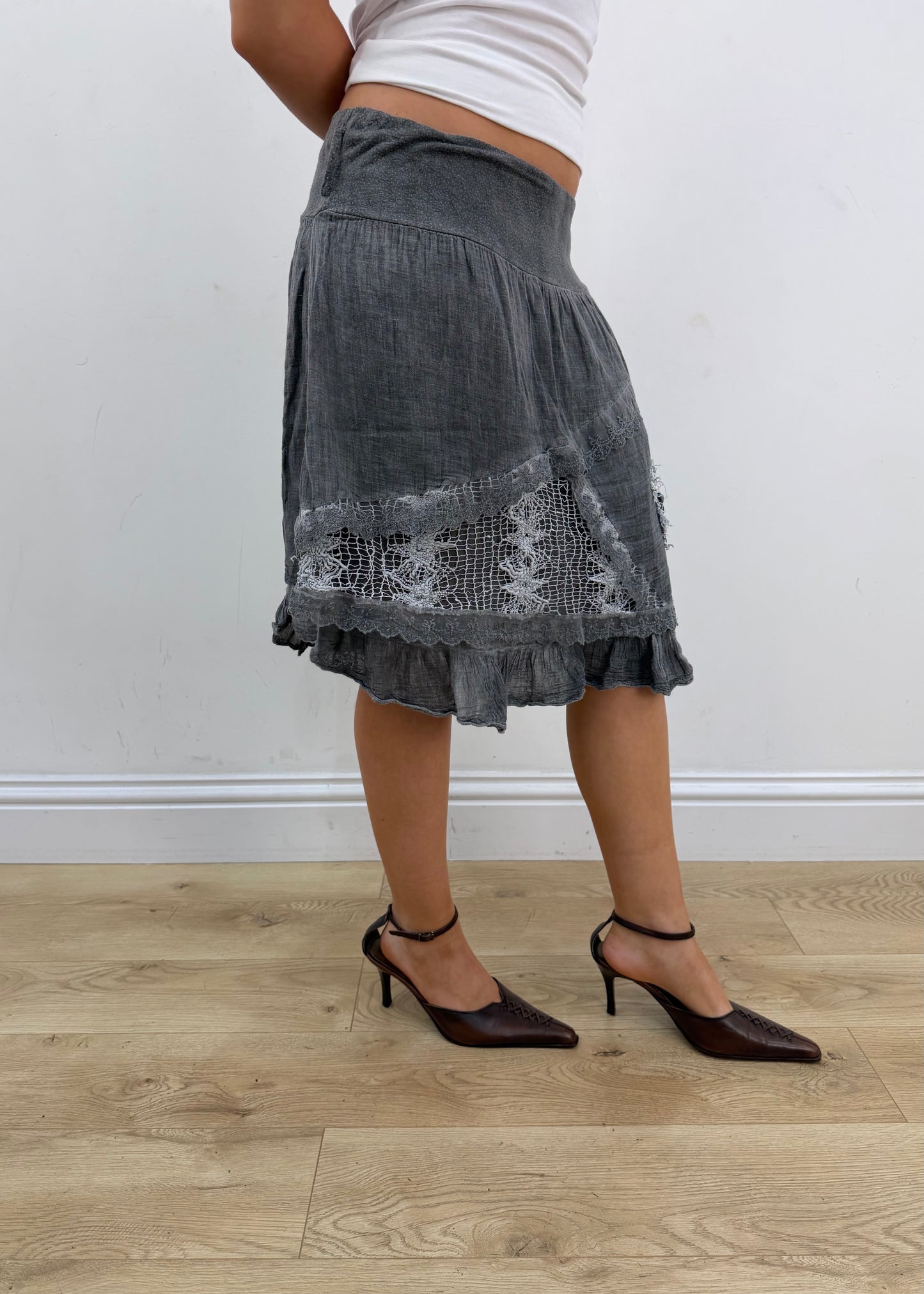 small grey lace detail midi skirt with bubble hem 5