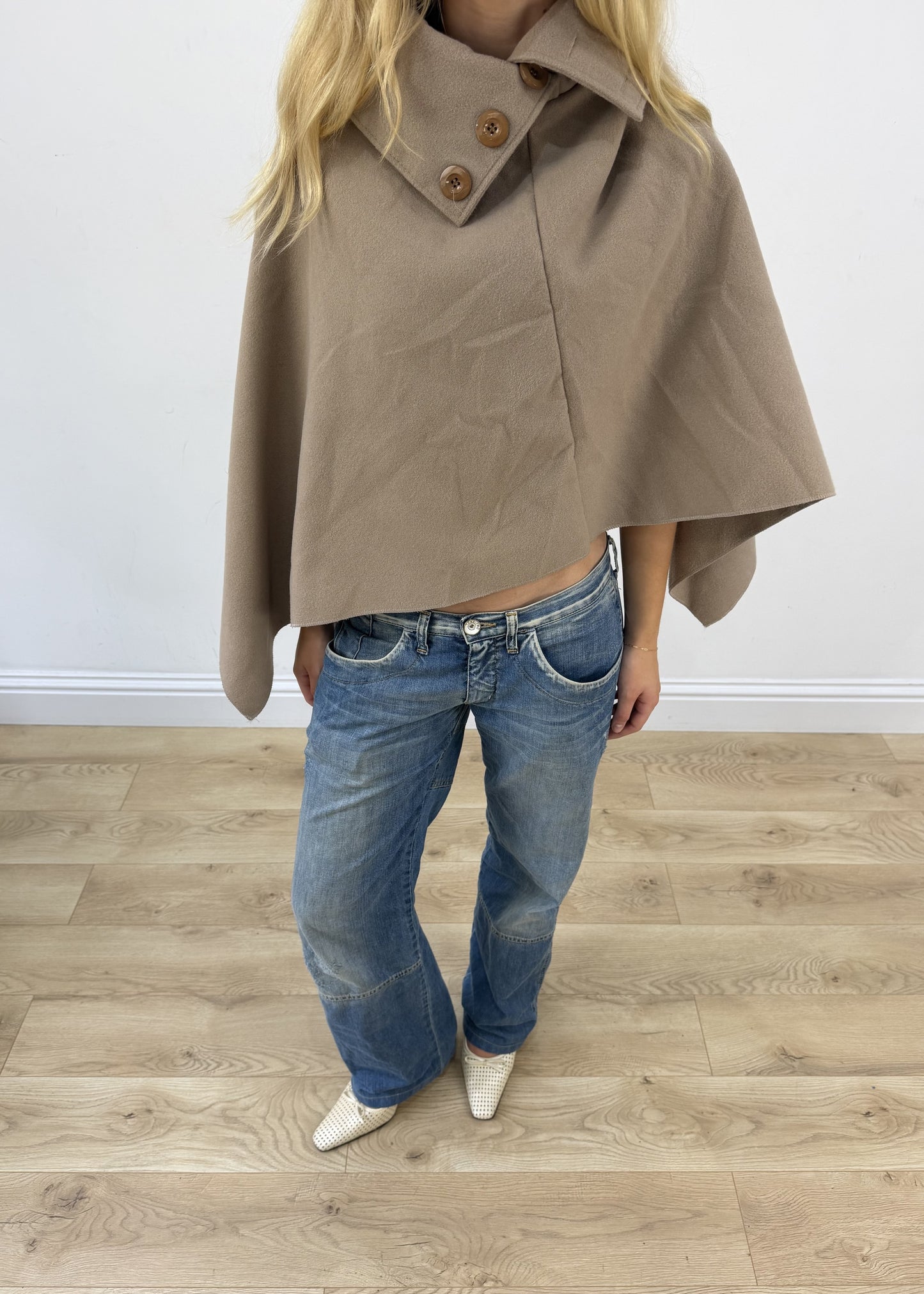 Beige button detail cape poncho 2