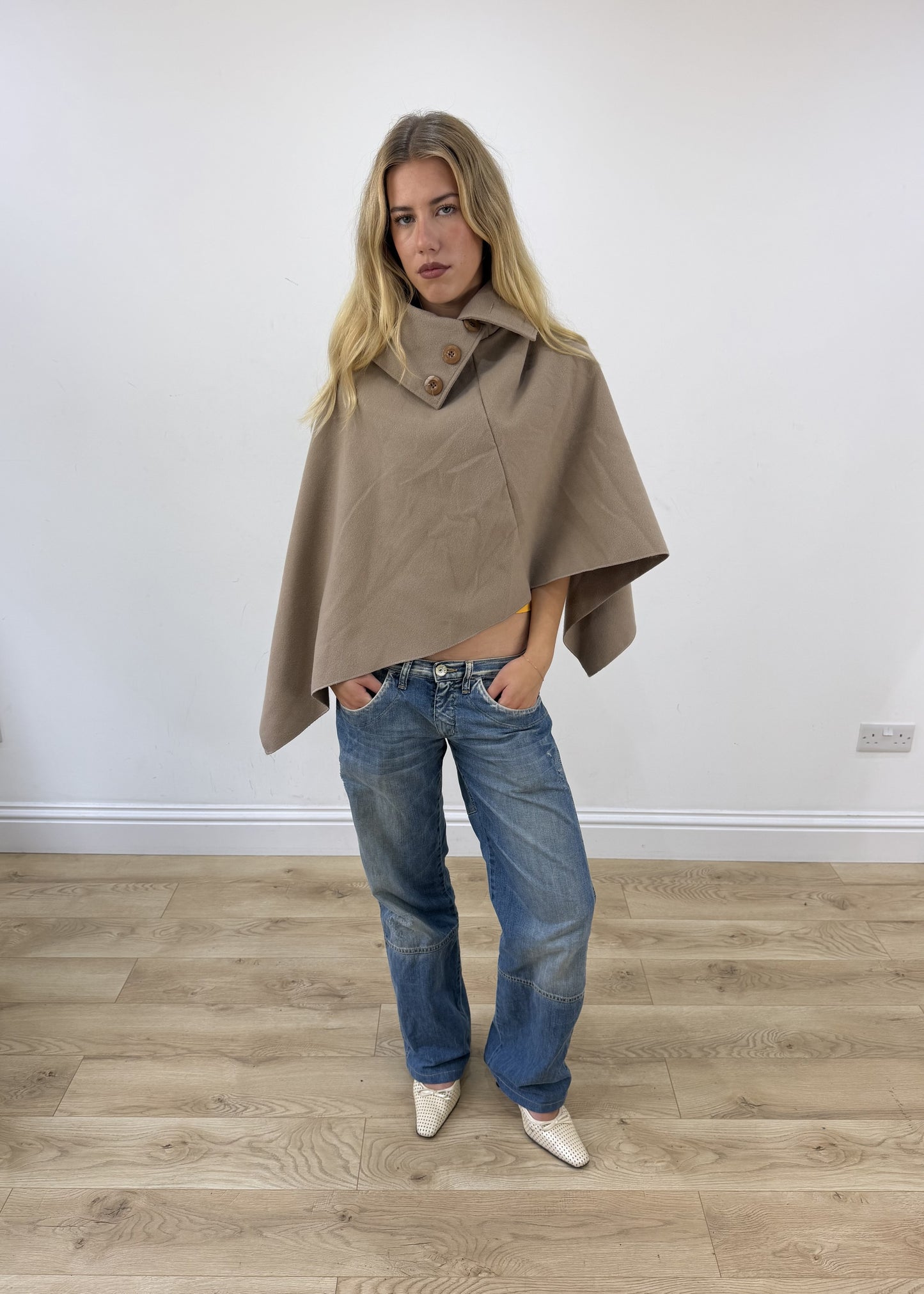 Beige button detail cape poncho 4