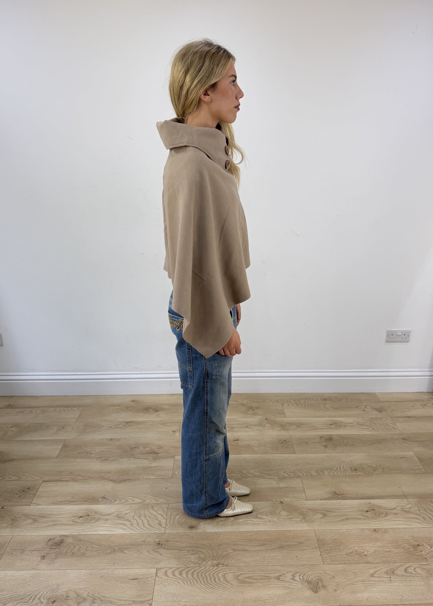 Beige button detail cape poncho 6