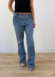medium blue and cream denim patchwork jeans